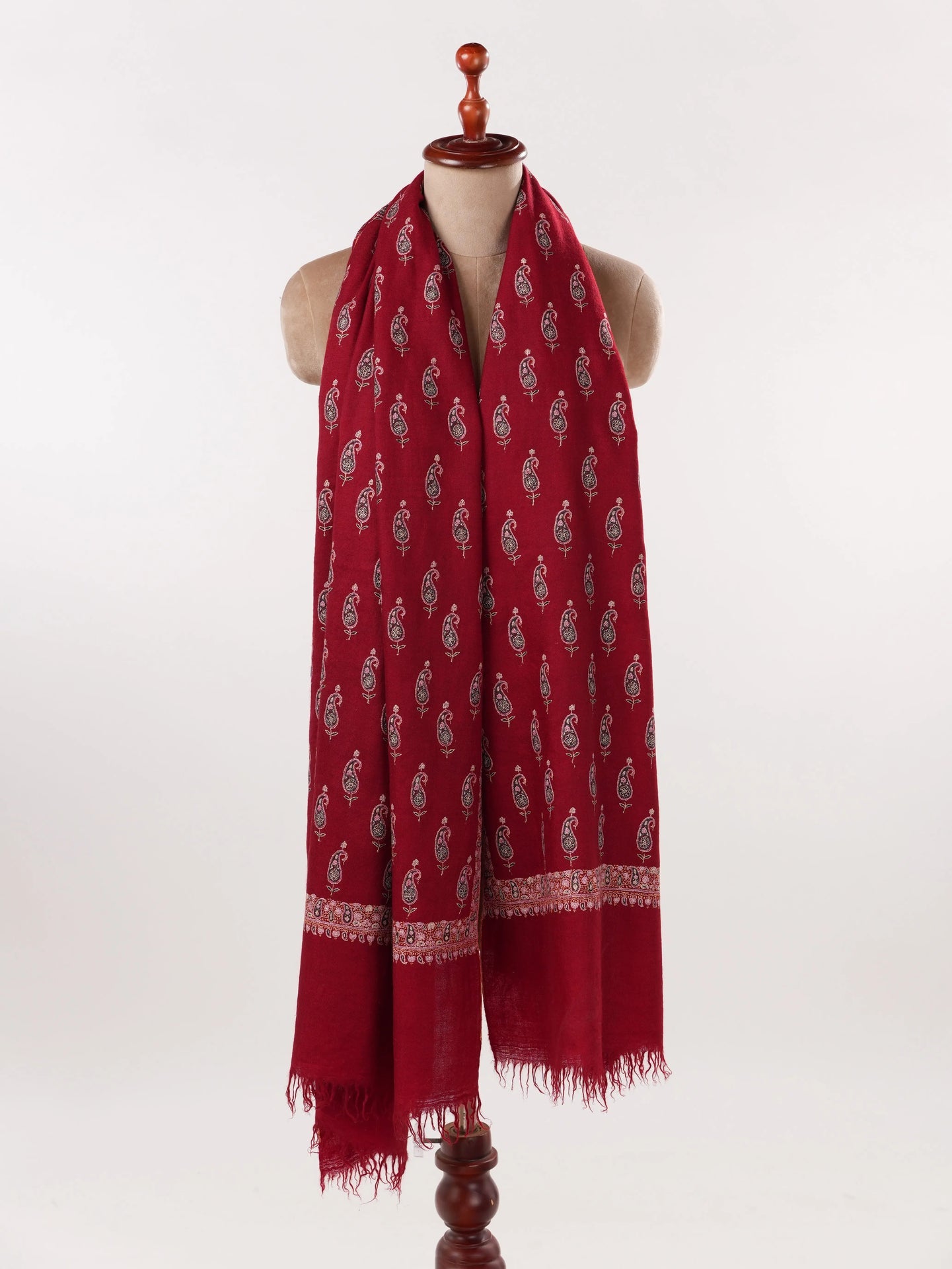 Maroon Pure Pashmina Shawl with Paisley Buteh Hand Sozni Embroidery Shahkaar.com