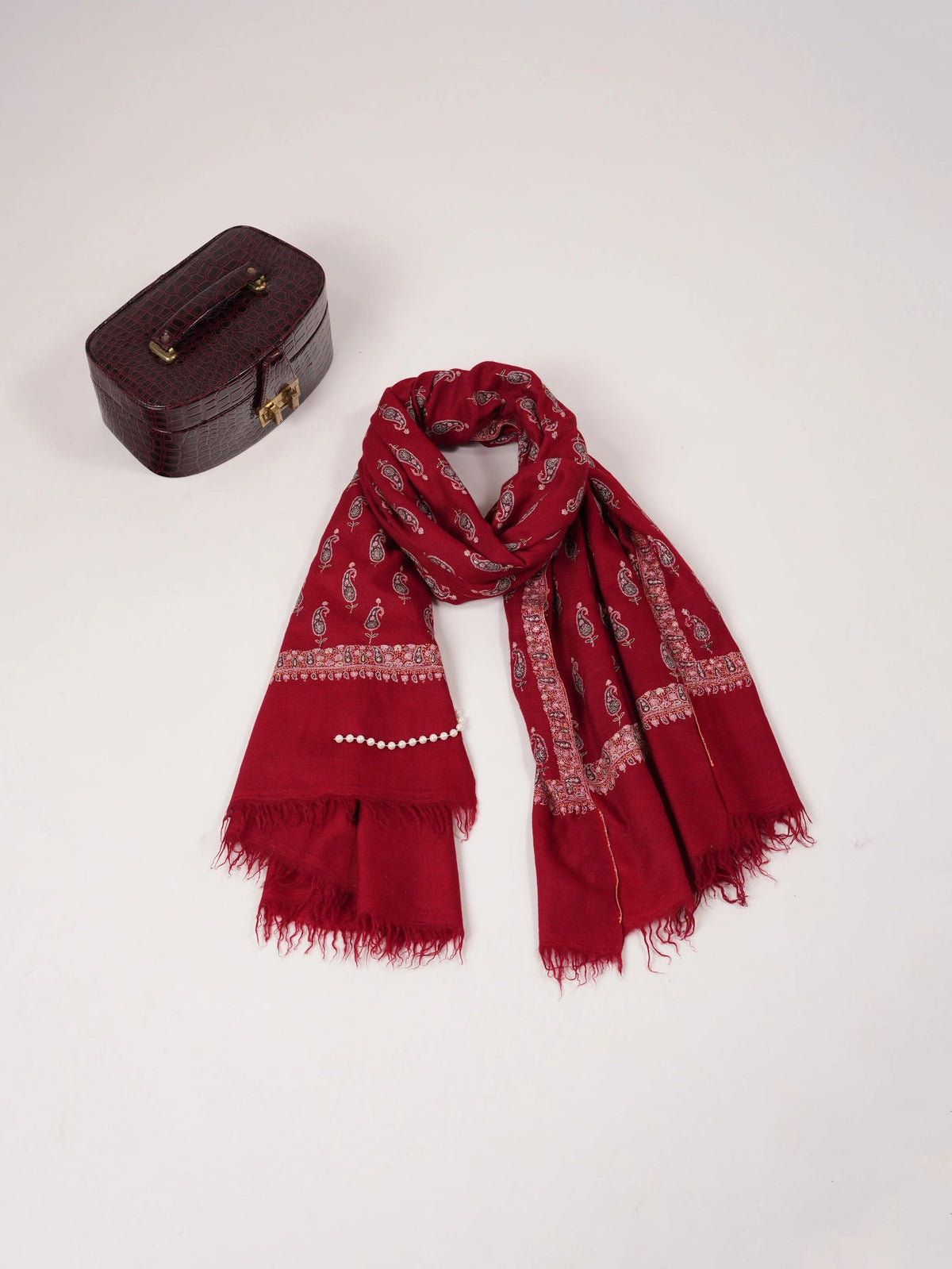 Maroon Pure Pashmina Shawl with Paisley Buteh Hand Sozni Embroidery Shahkaar.com