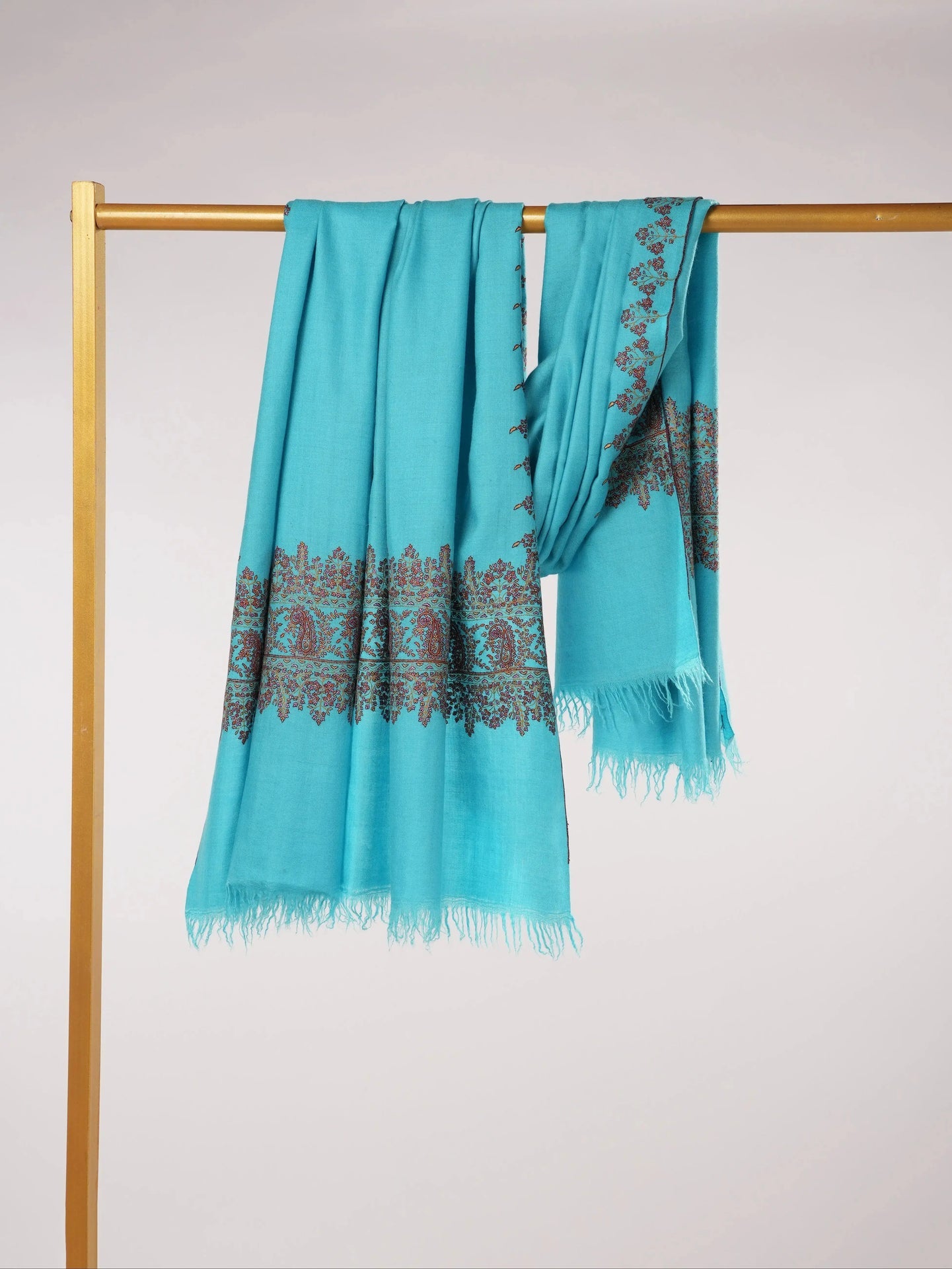 Turquoise Blue Handwoven Kashmiri Pashmina Shawl with Palldar Hand Sozni Embroidery Shahkaar.com