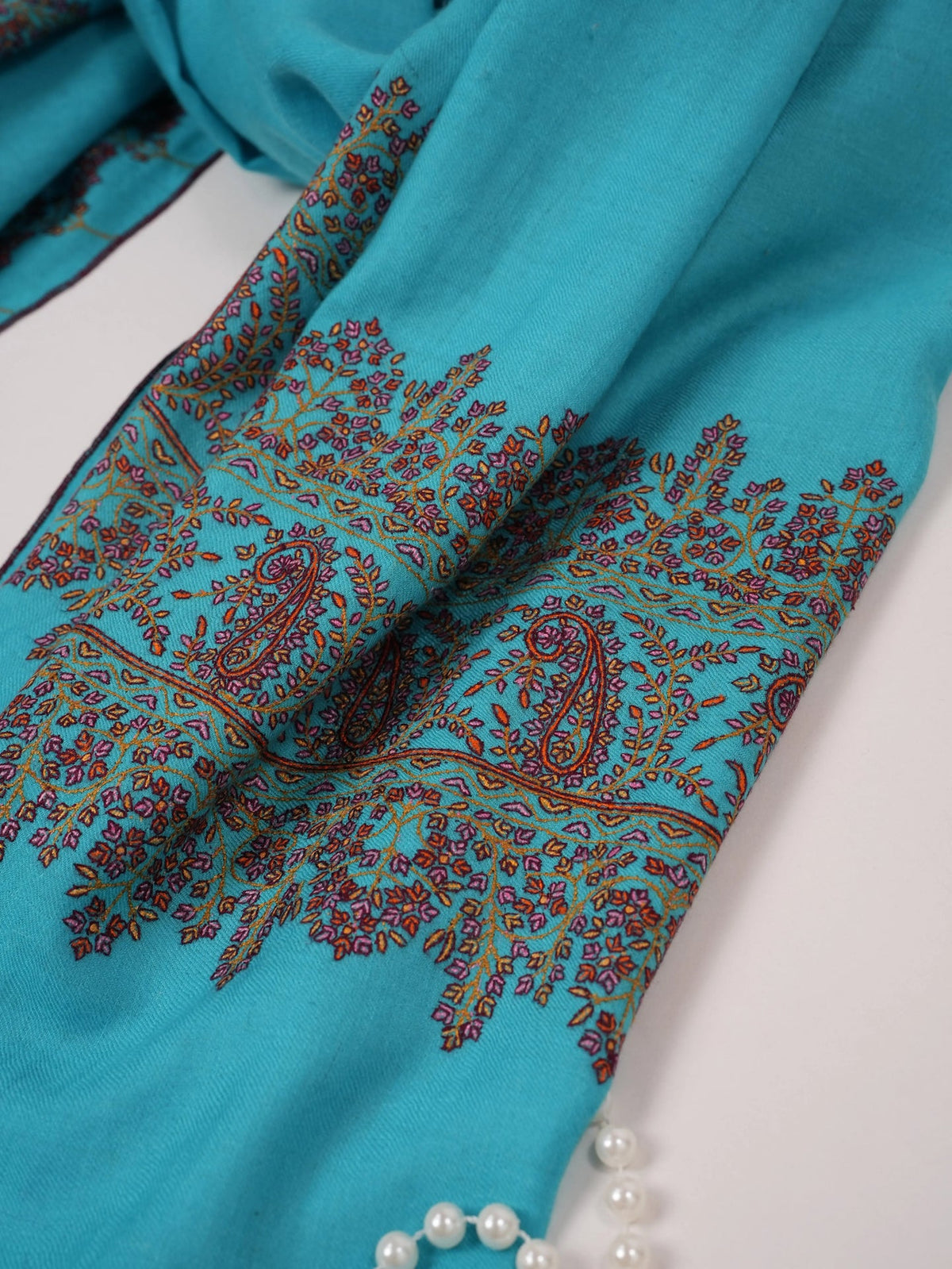 Turquoise Blue Handwoven Kashmiri Pashmina Shawl with Palldar Hand Sozni Embroidery Shahkaar.com