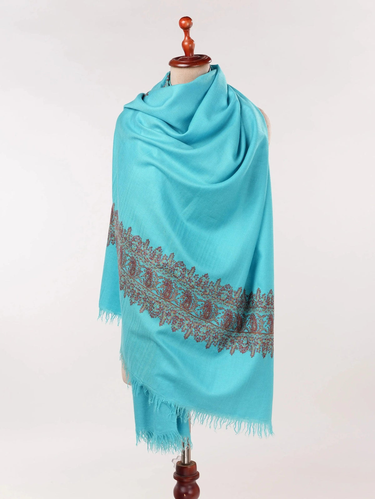 Turquoise Blue Handwoven Kashmiri Pashmina Shawl with Palldar Hand Sozni Embroidery Shahkaar.com