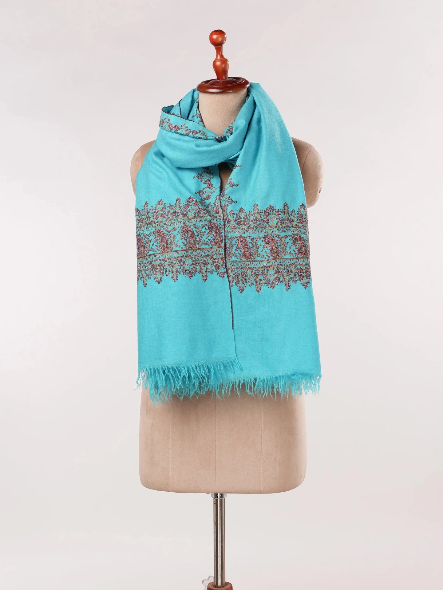 Turquoise Blue Handwoven Kashmiri Pashmina Shawl with Palldar Hand Sozni Embroidery Shahkaar.com