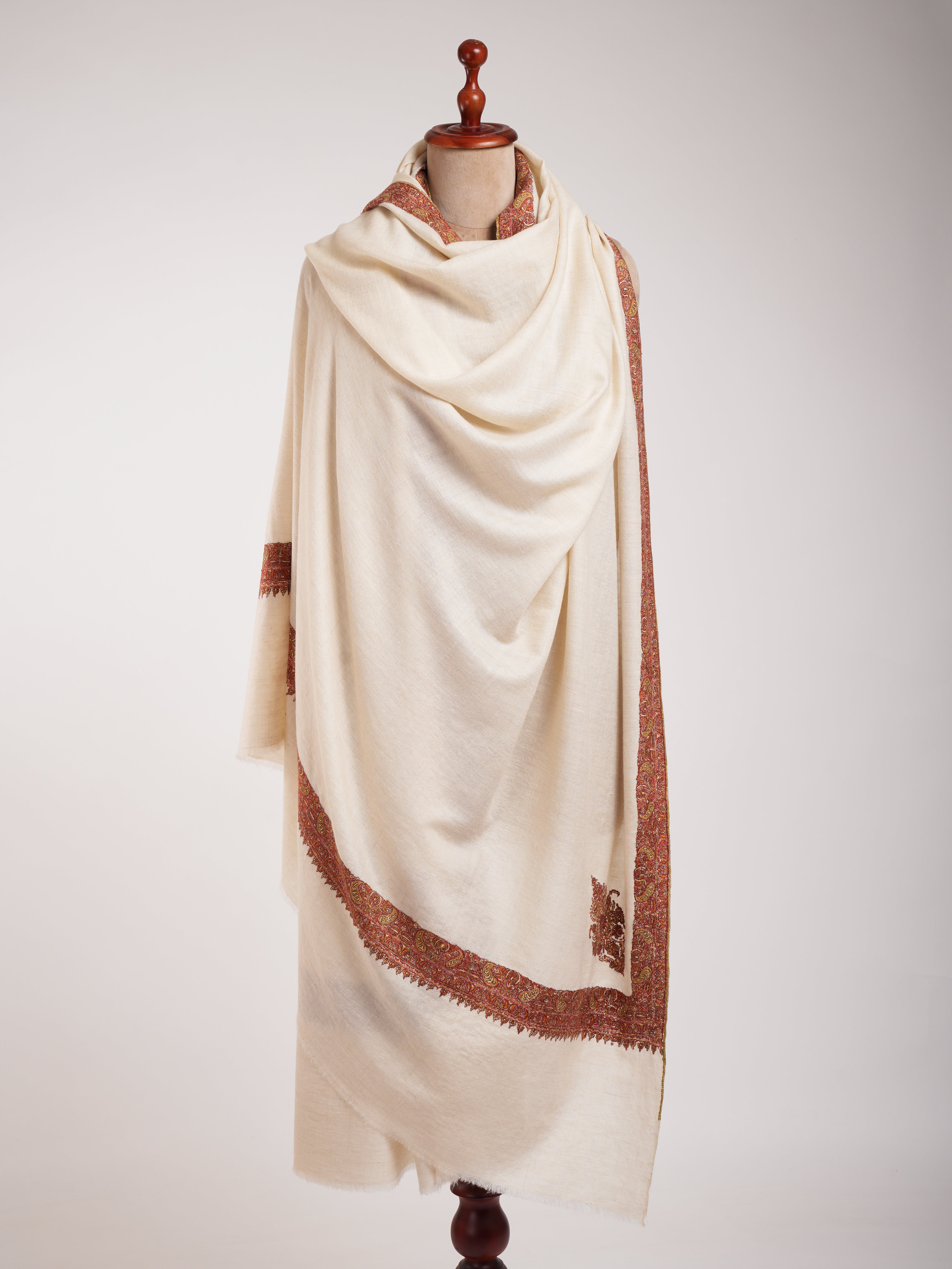 XL White Sozni Broidered Neem Daur Pure Pashmina châle