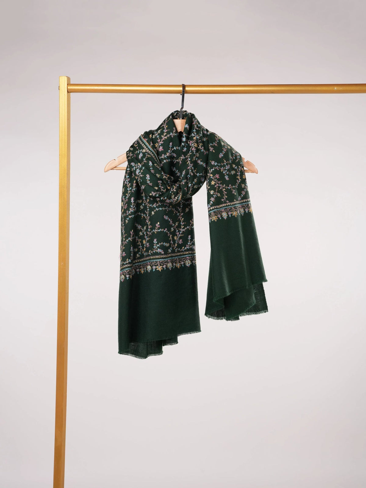 Forest Green Handwoven Kashmiri Jali Pashmina Shawl with Hand Sozni Embroidery Shahkaar.com
