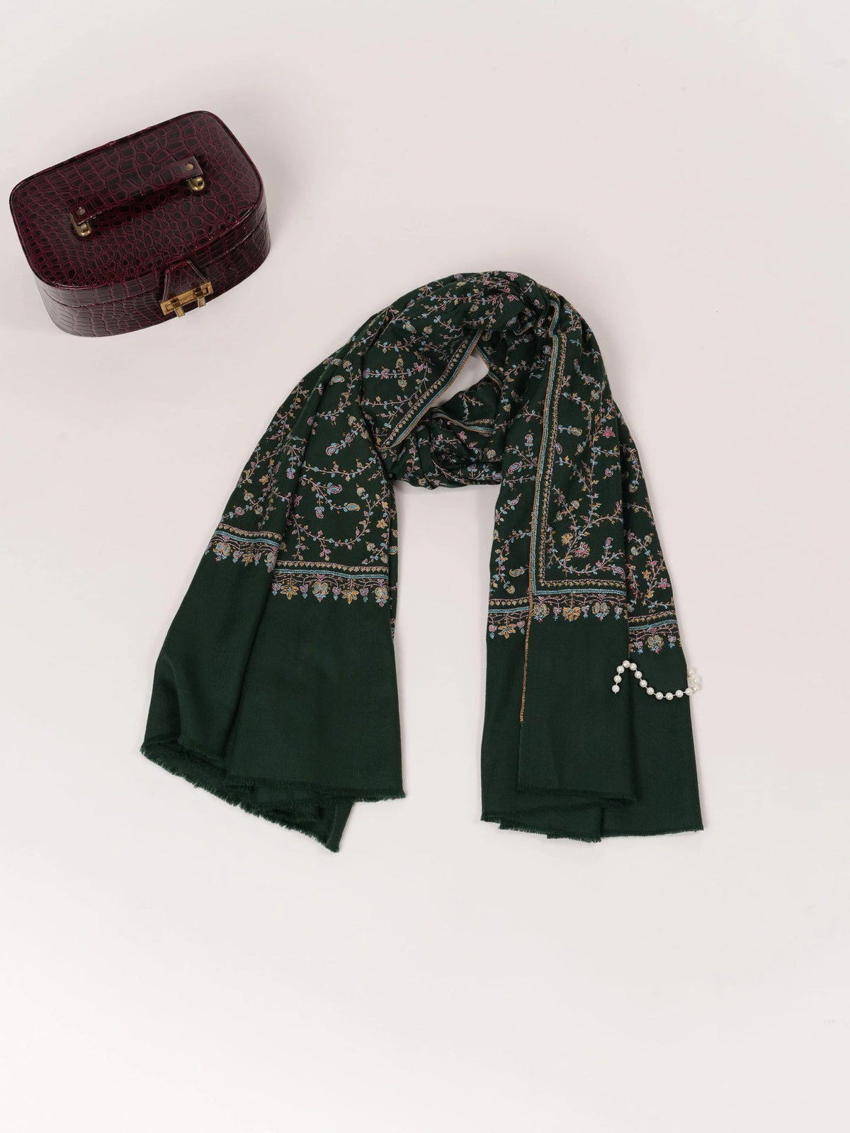 Forest Green Handwoven Kashmiri Jali Pashmina Shawl with Hand Sozni Embroidery Shahkaar.com