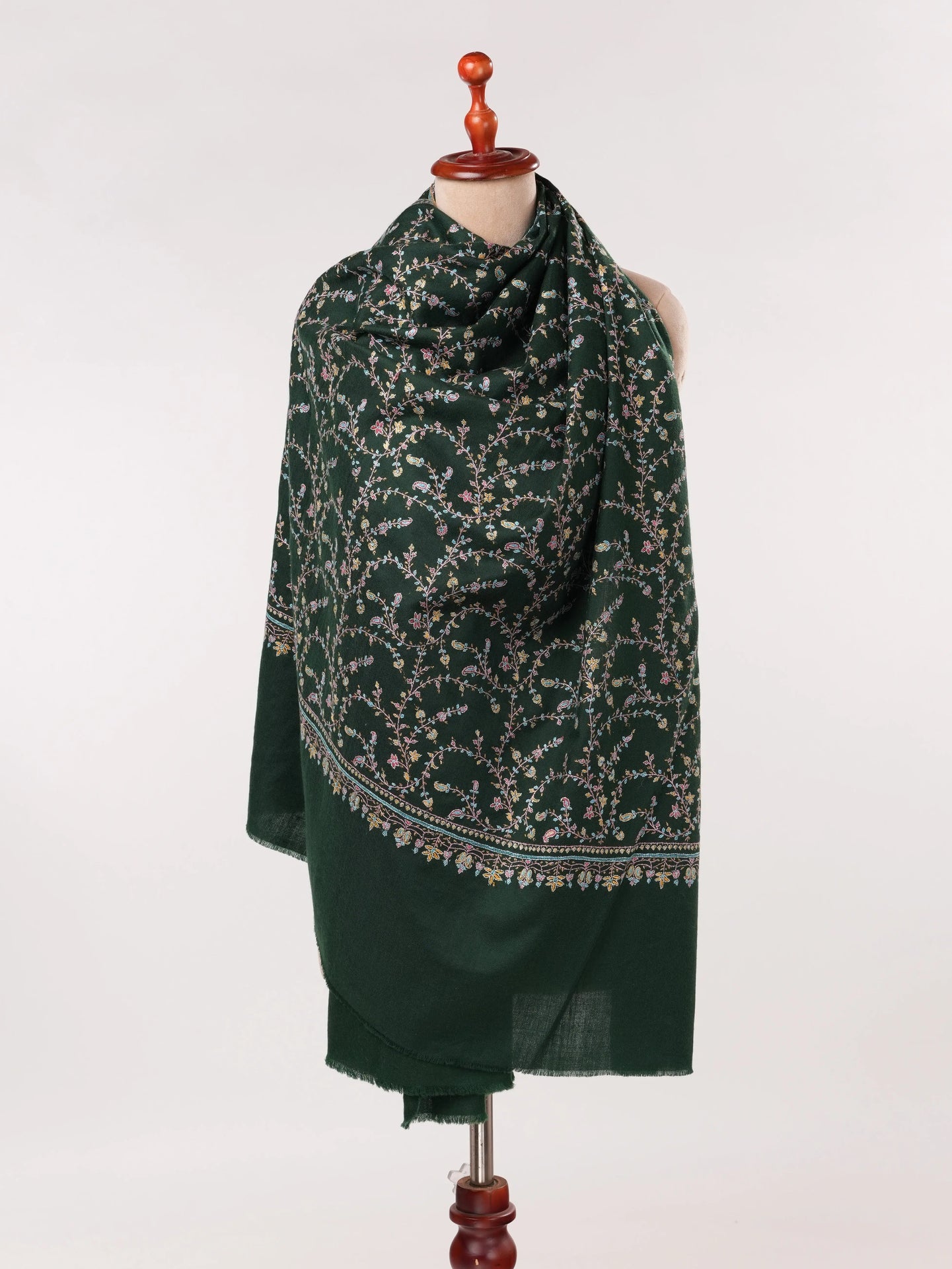 Forest Green Handwoven Kashmiri Jali Pashmina Shawl with Hand Sozni Embroidery Shahkaar.com