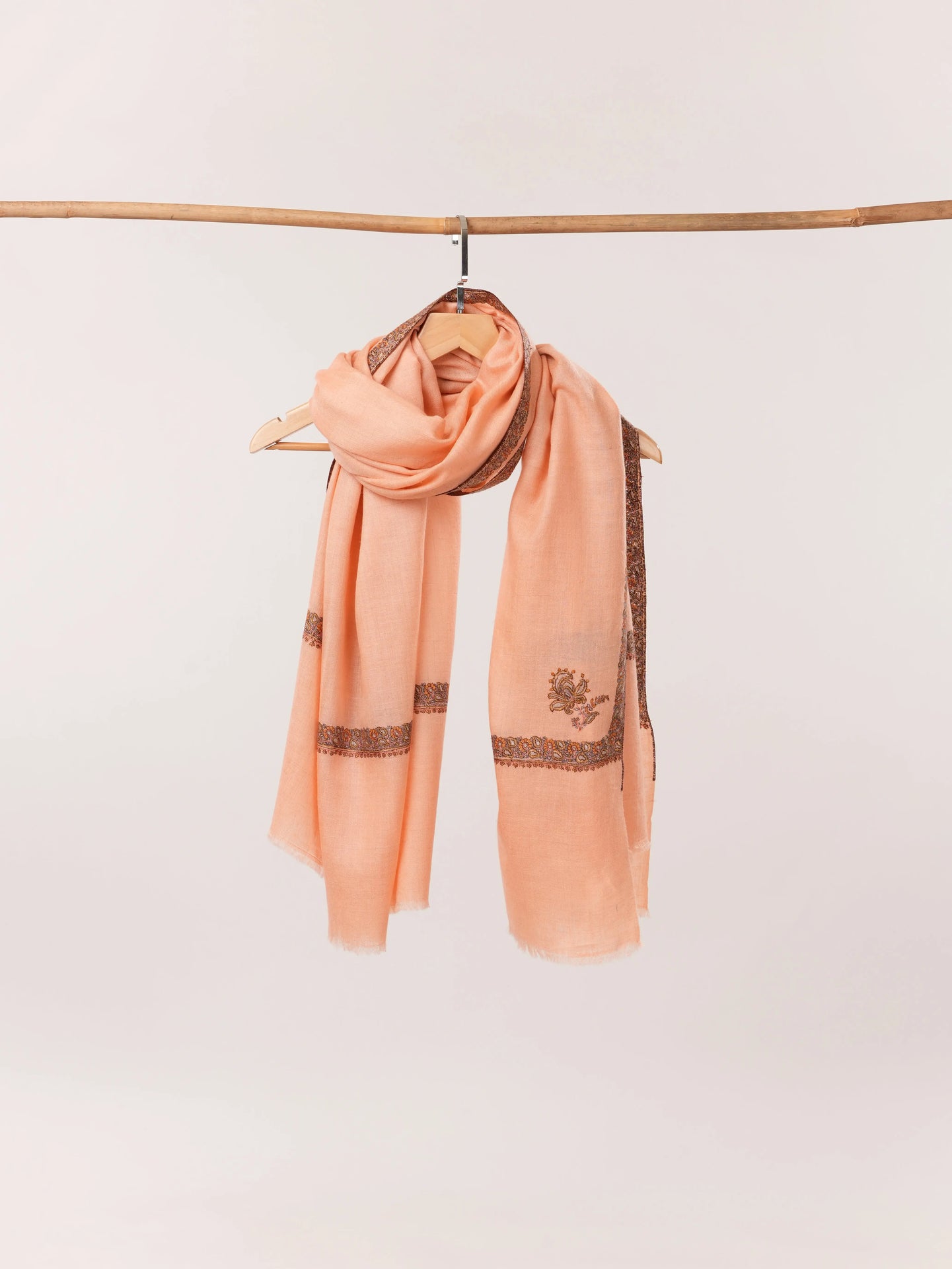 Peach Handwoven Kashmiri Pashmina Shawl with Hand Sozni Embroidery Shahkaar.com