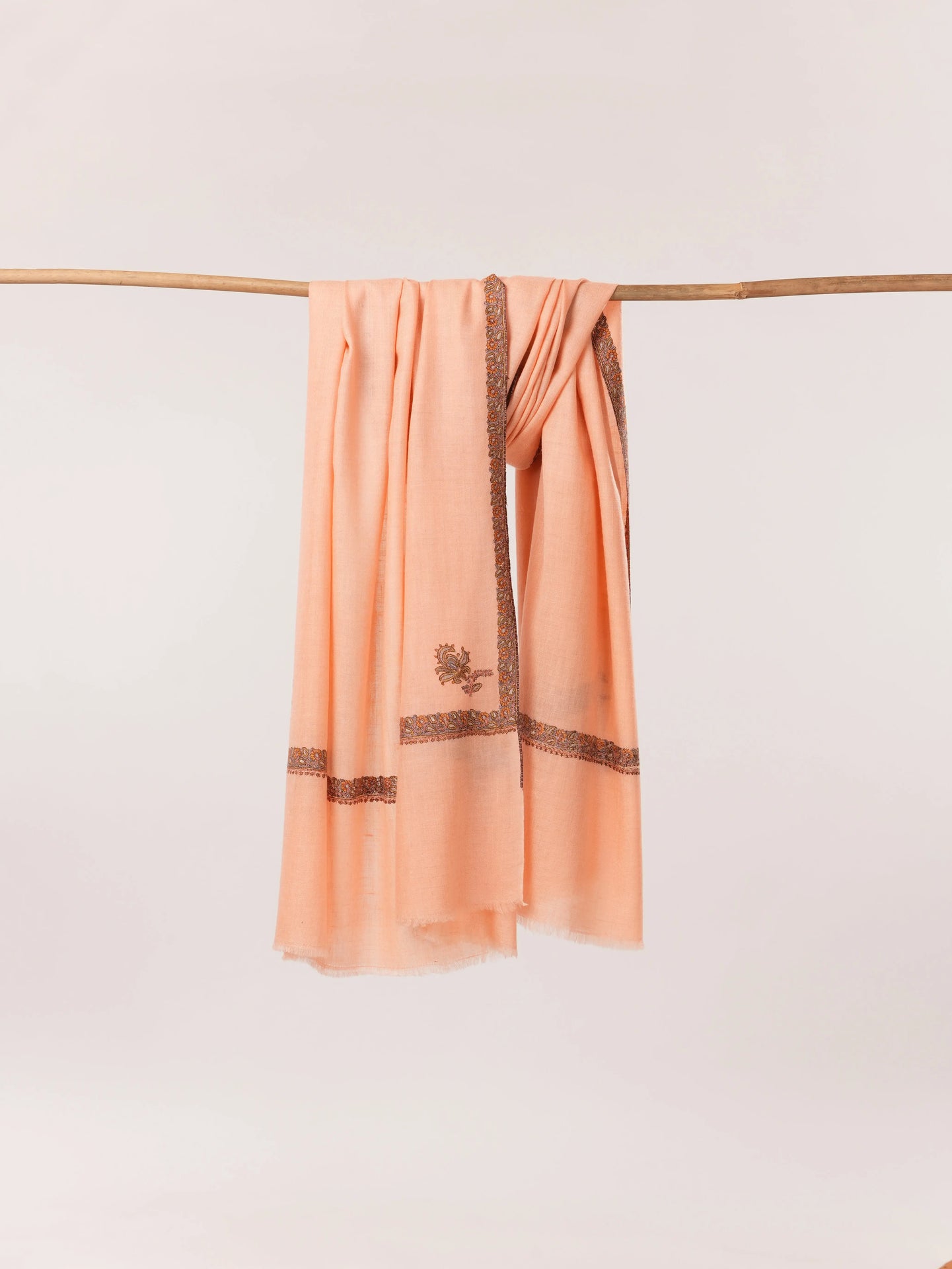 Peach Handwoven Kashmiri Pashmina Shawl with Hand Sozni Embroidery Shahkaar.com