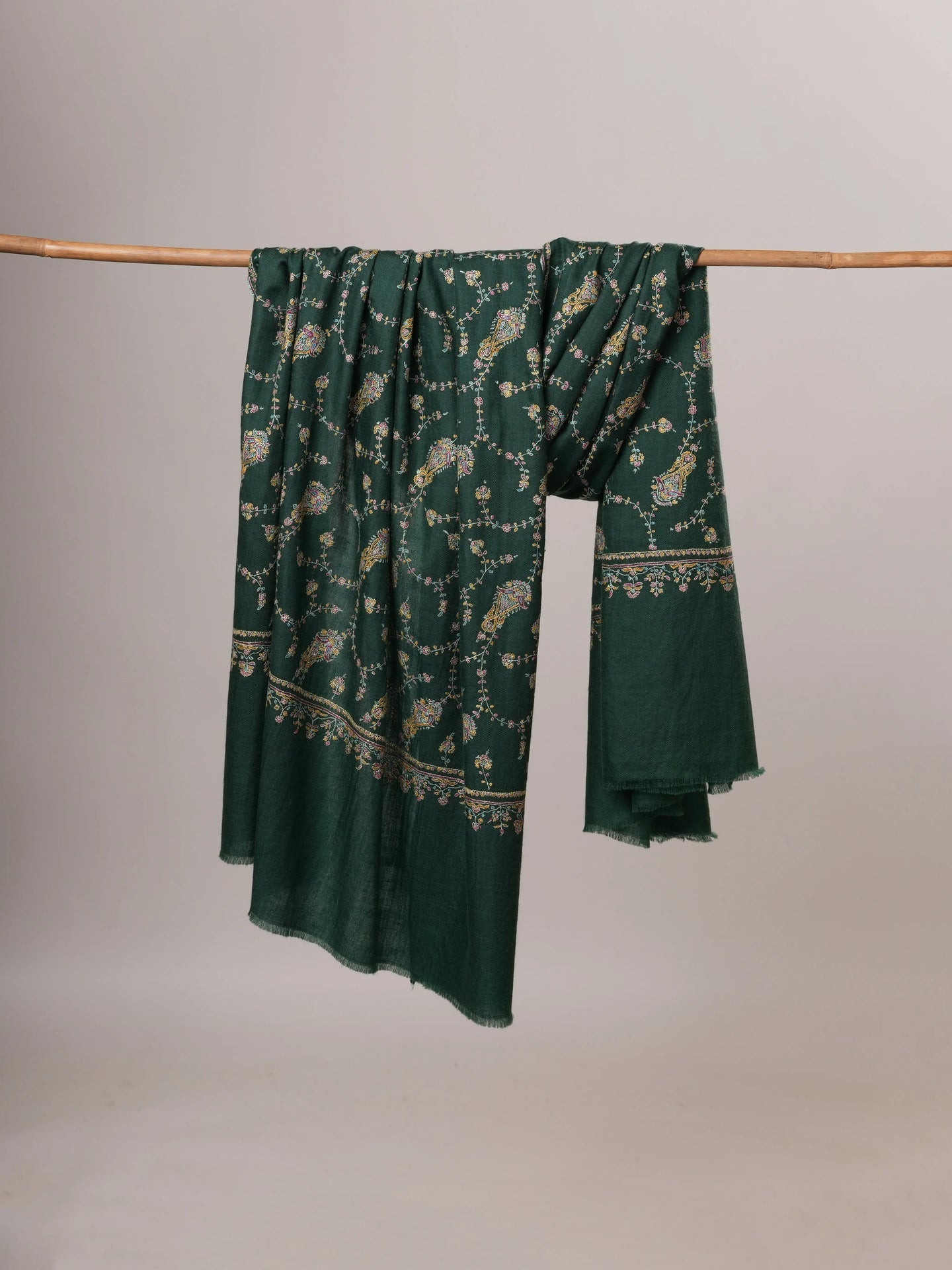 Dark Green Jali Hand Embroidered Soft Pashmina Shawl Shahkaar Global