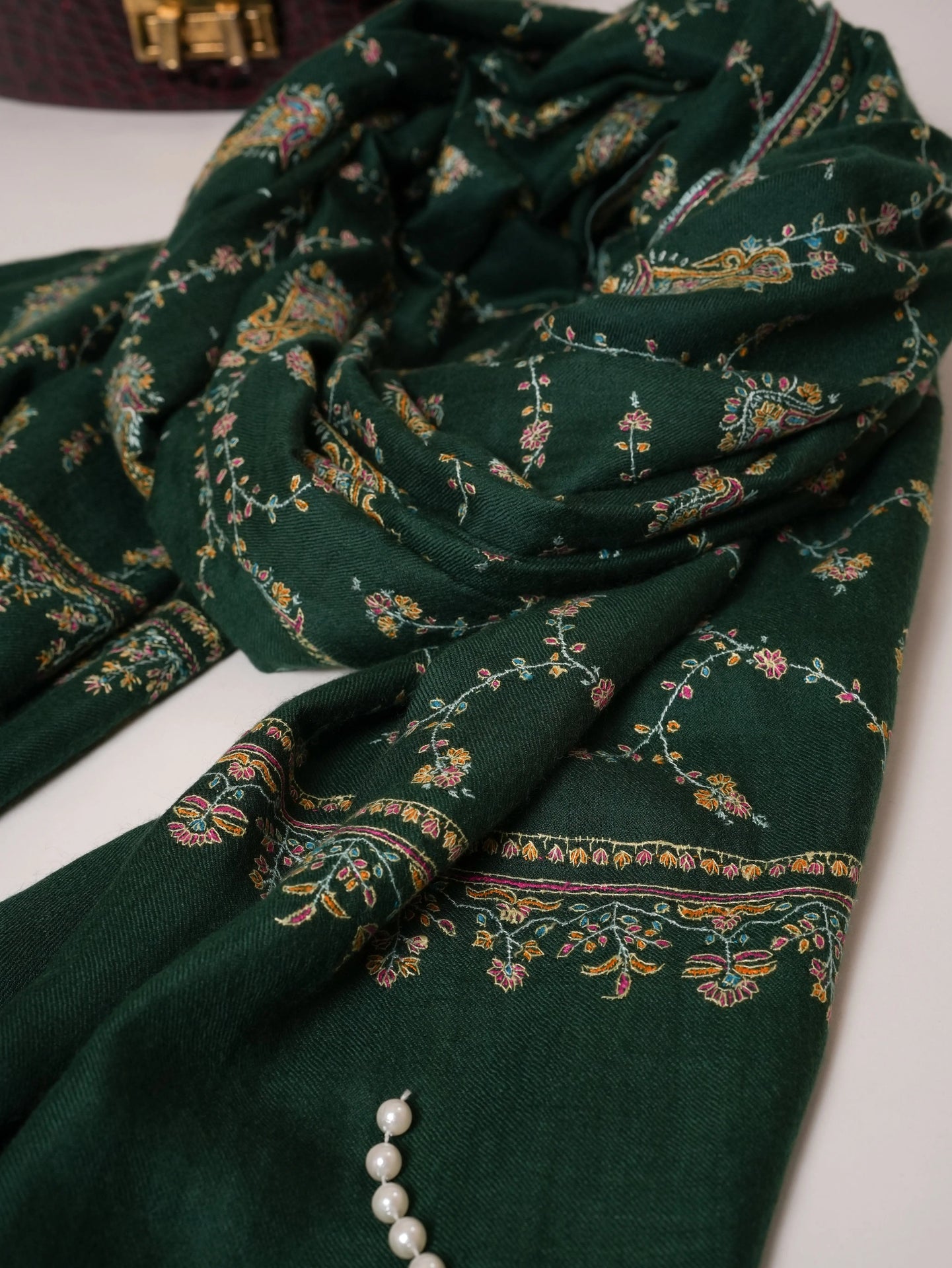 Dark Green Jali Hand Embroidered Soft Pashmina Shawl Shahkaar Global