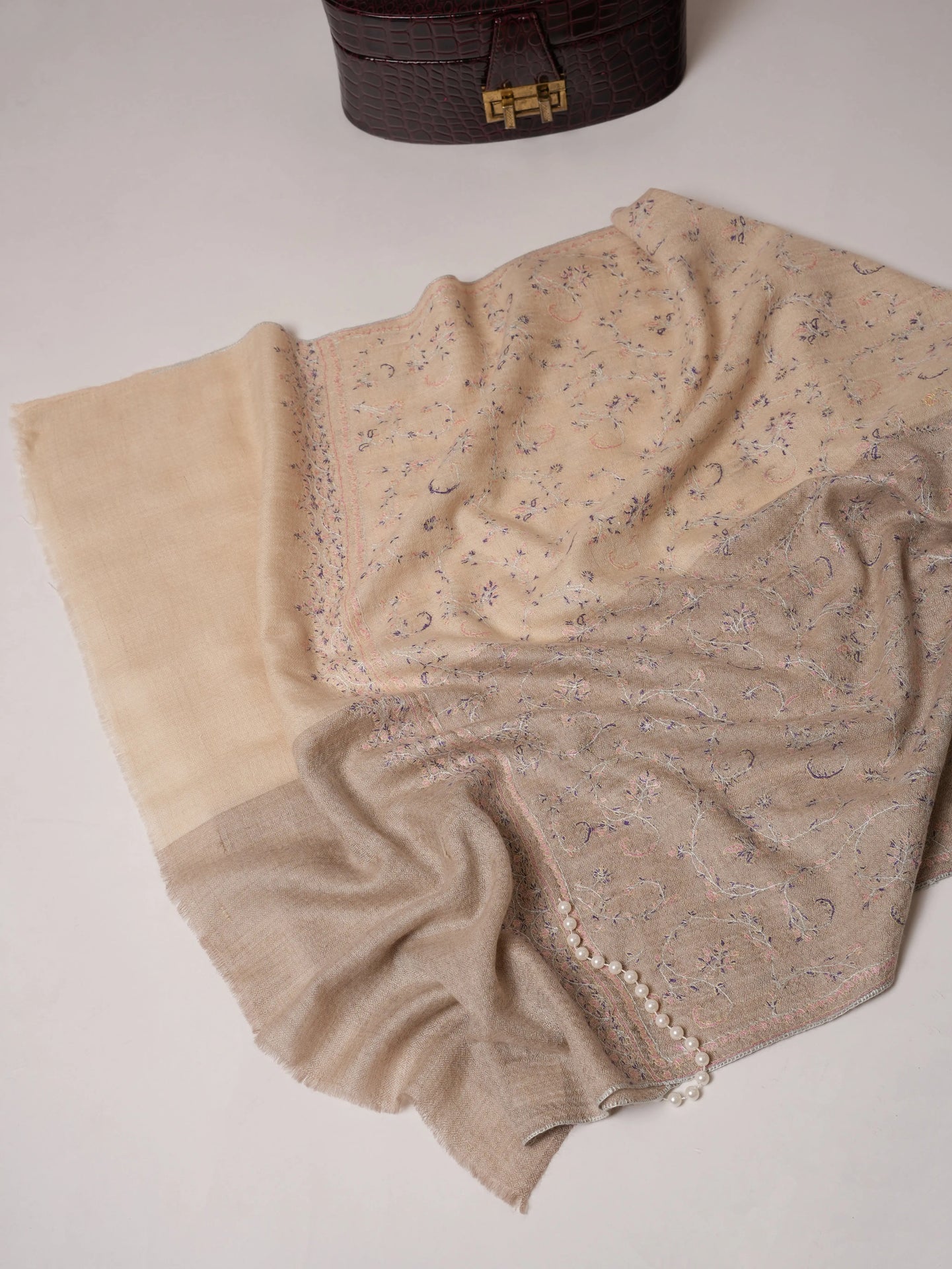 Natural Grey and White Pure Cashmere Scarf with All Over Hand Embroidery Shahkaar.com
