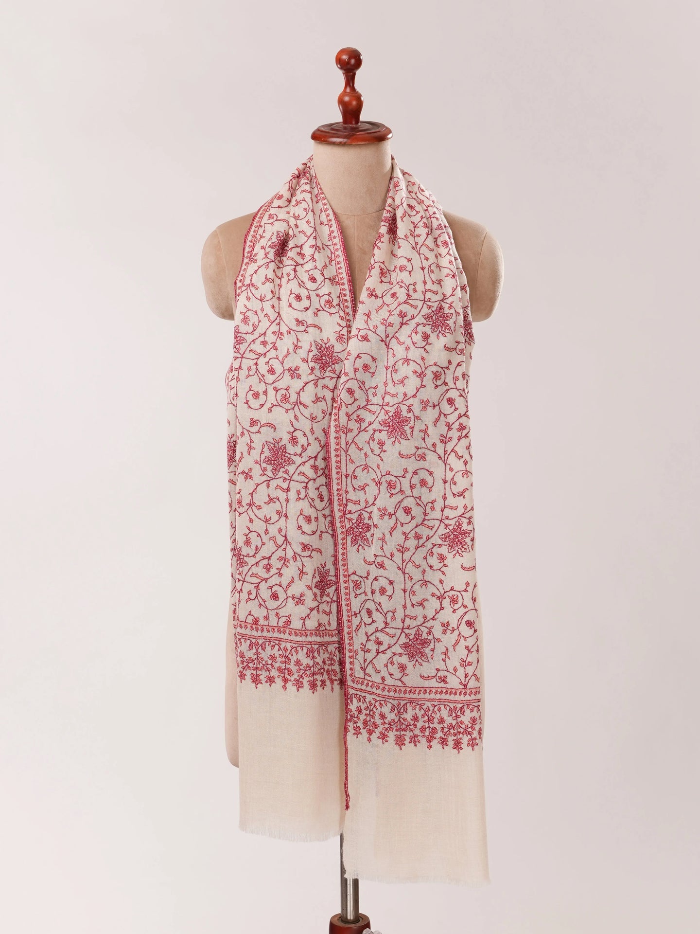 Natural White Pure Cashmere Scarf with Hand Embroidery Shahkaar.com