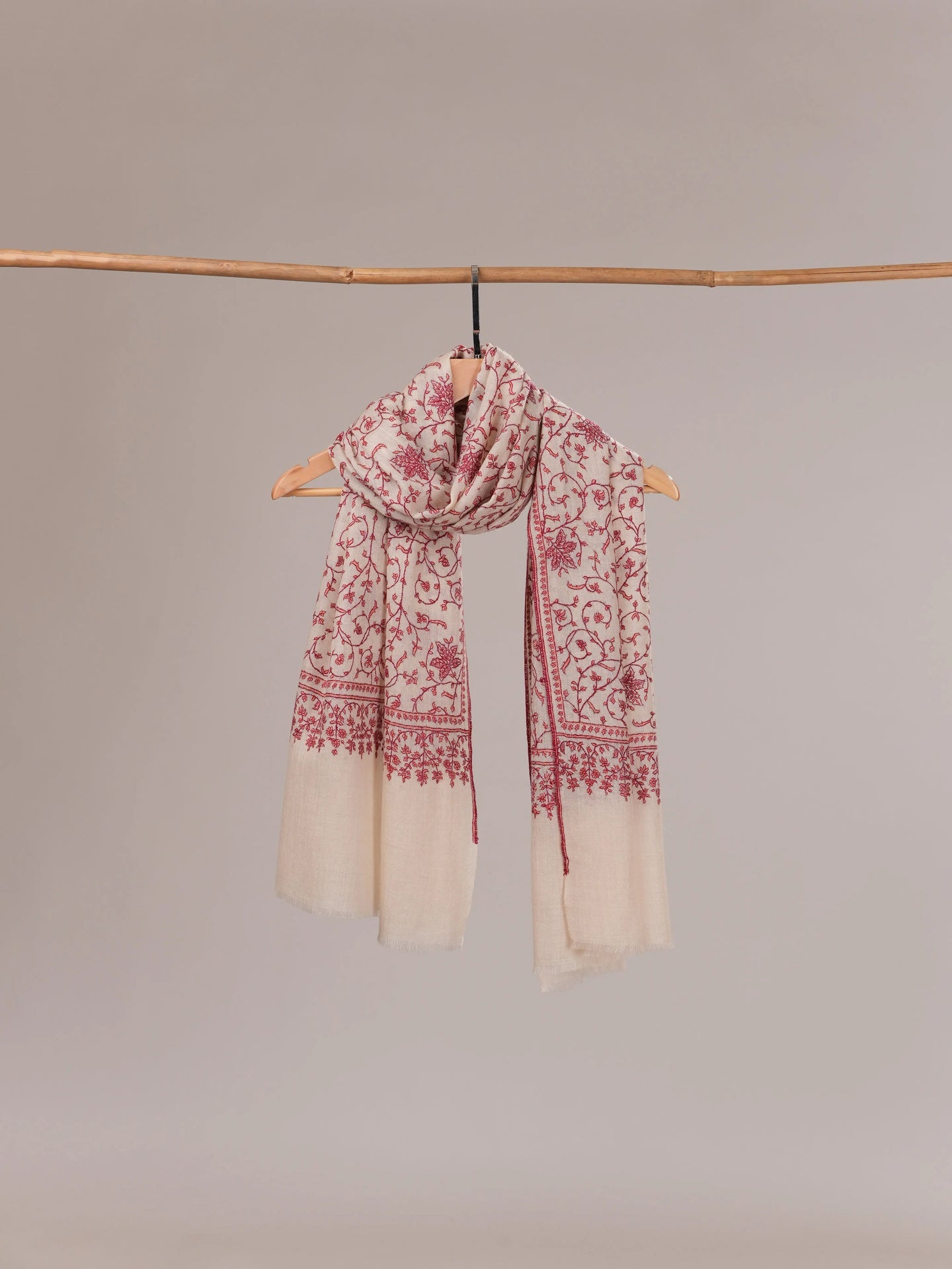 Natural White Pure Cashmere Scarf with Hand Embroidery Shahkaar.com