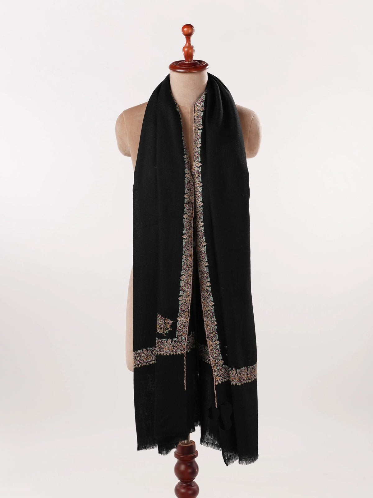 Black Handwoven Authentic Pashmina Shawl with Neemdaur Sozni Embroidery Shahkaar.com