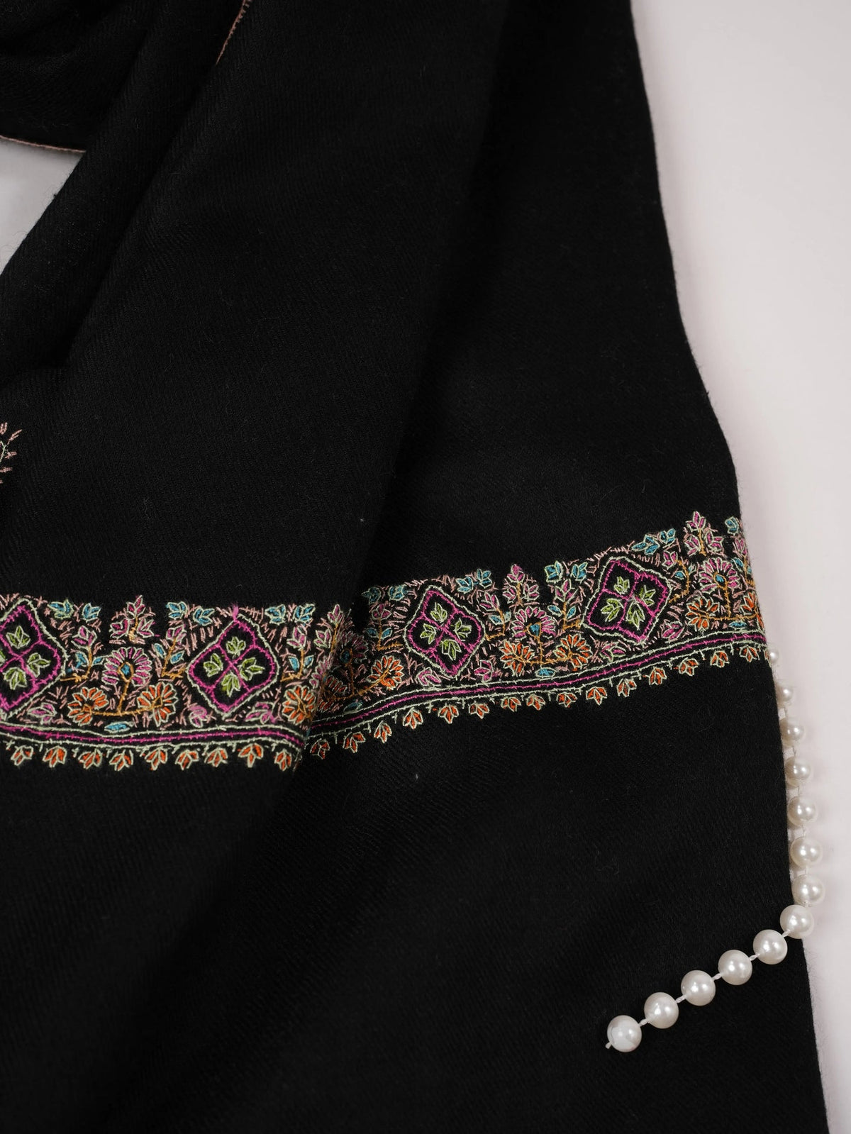 Black Handwoven Authentic Pashmina Shawl with Neemdaur Sozni Embroidery Shahkaar.com