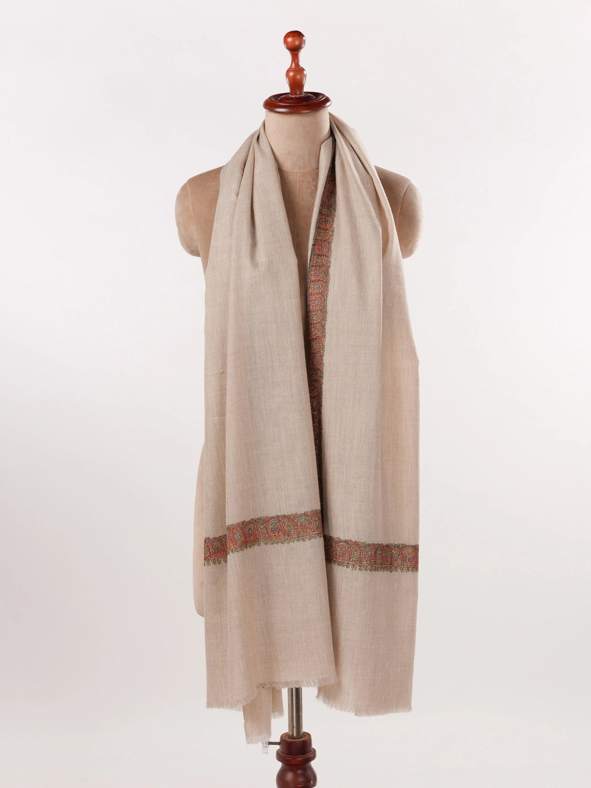 Light Beige Handwoven Soft Pashmina Shawl with Neemdaur Hand Embroidery Shahkaar.com