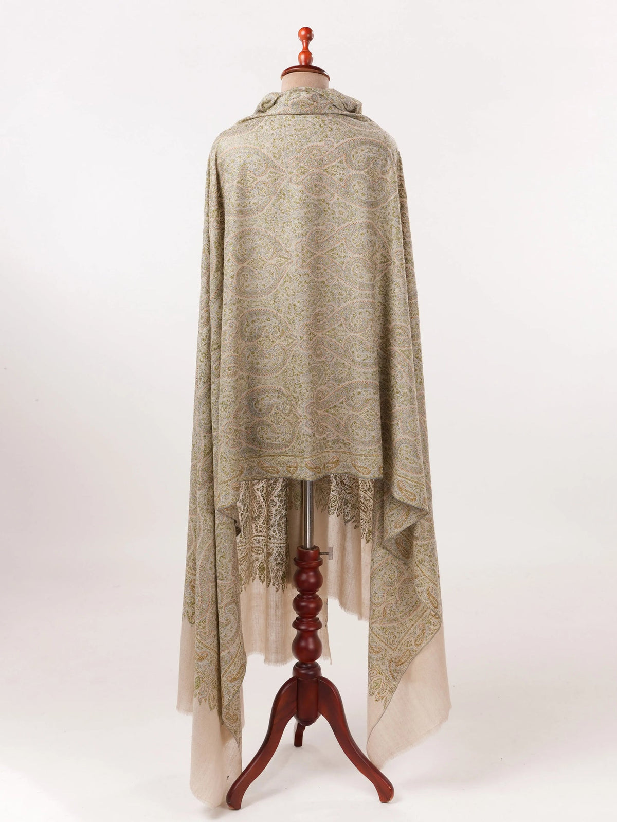 Natural Taupe Oversized Pashmina Shawl with Paisley Silk Embroidery