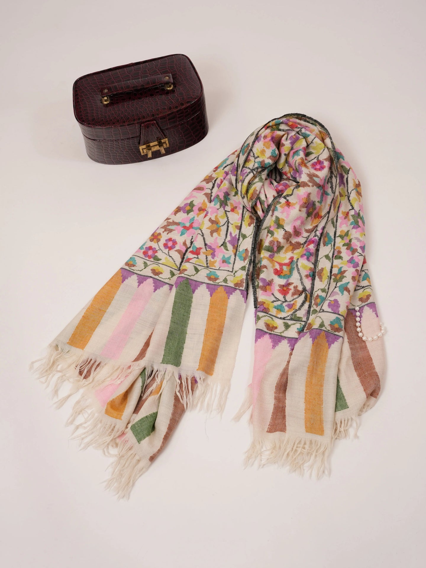 Natural White Floral Kani Pashmina Shawl Shahkaar.com