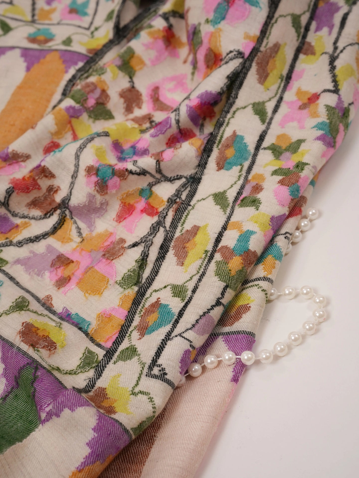 Natural White Floral Kani Pashmina Shawl Shahkaar.com