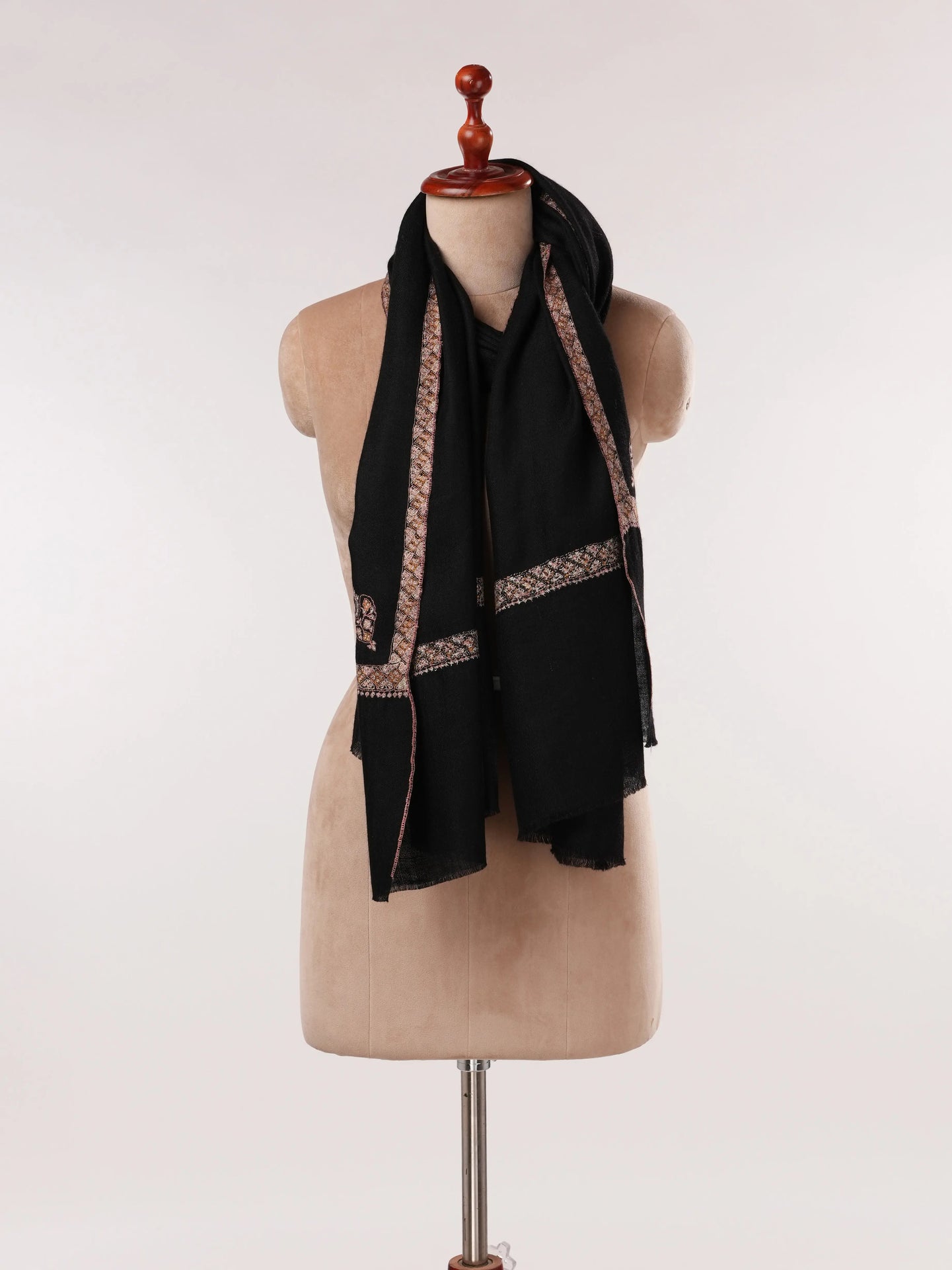 Black Handwoven Cashmere Scarf with Hashia Sozni Embroidery Shahkaar.com