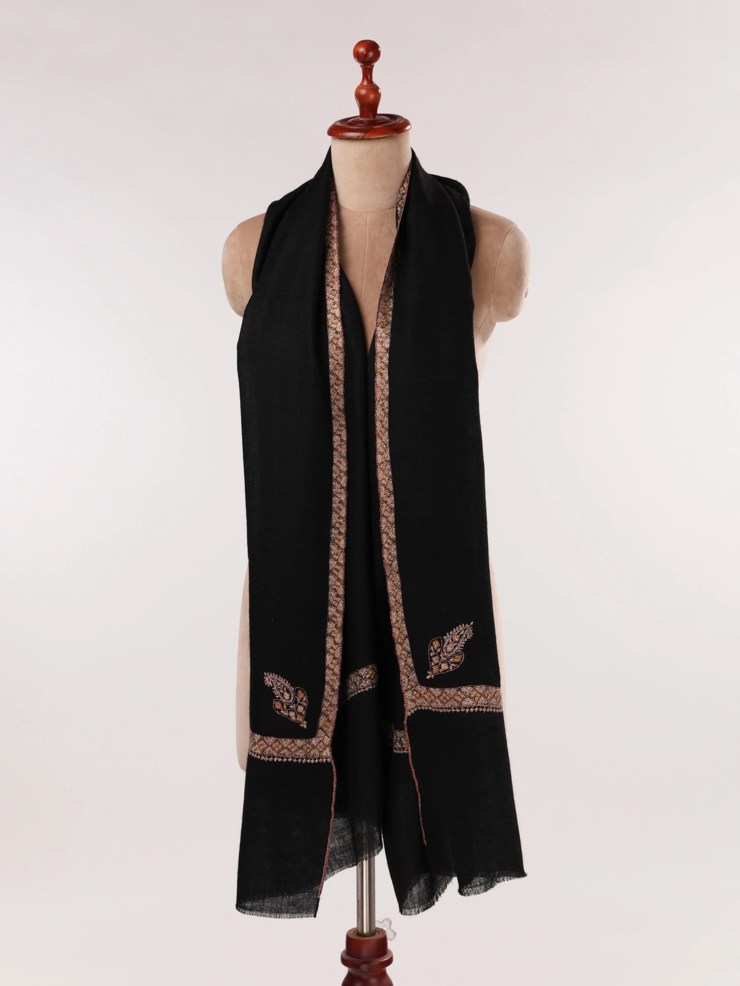 Black Handwoven Cashmere Scarf with Hashia Sozni Embroidery Shahkaar.com