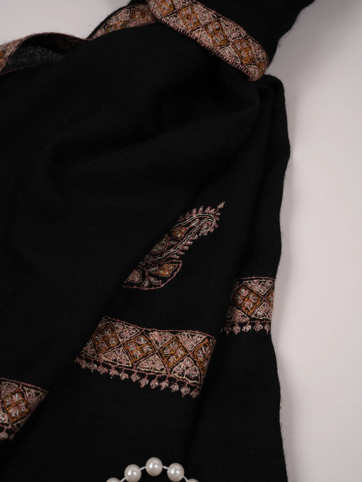 Black Handwoven Cashmere Scarf with Hashia Sozni Embroidery Shahkaar.com