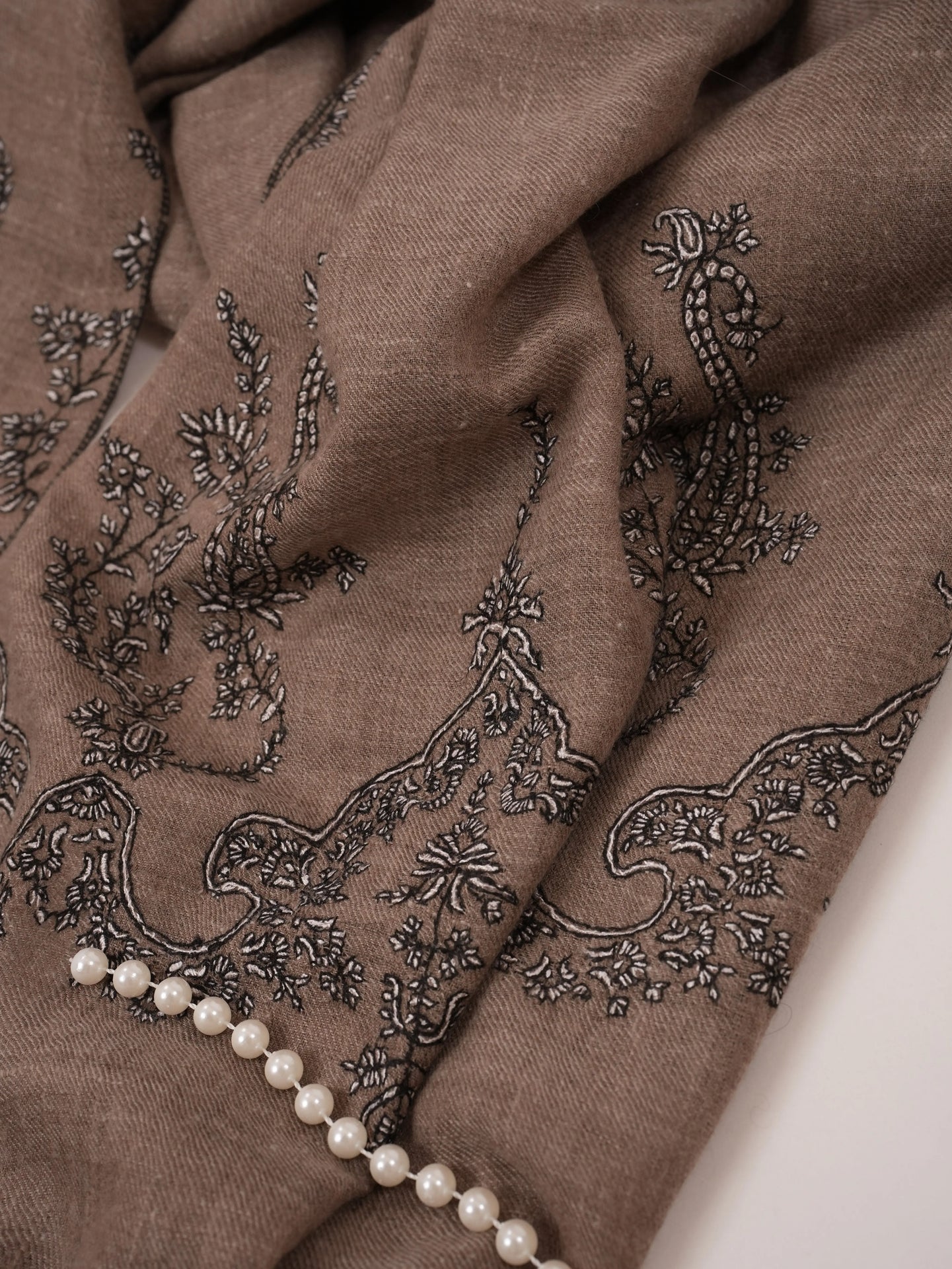 Natural Dark Taupe Kashmiri Cashmere Scarf with Palldar Sozni Embroidery Shahkaar.com
