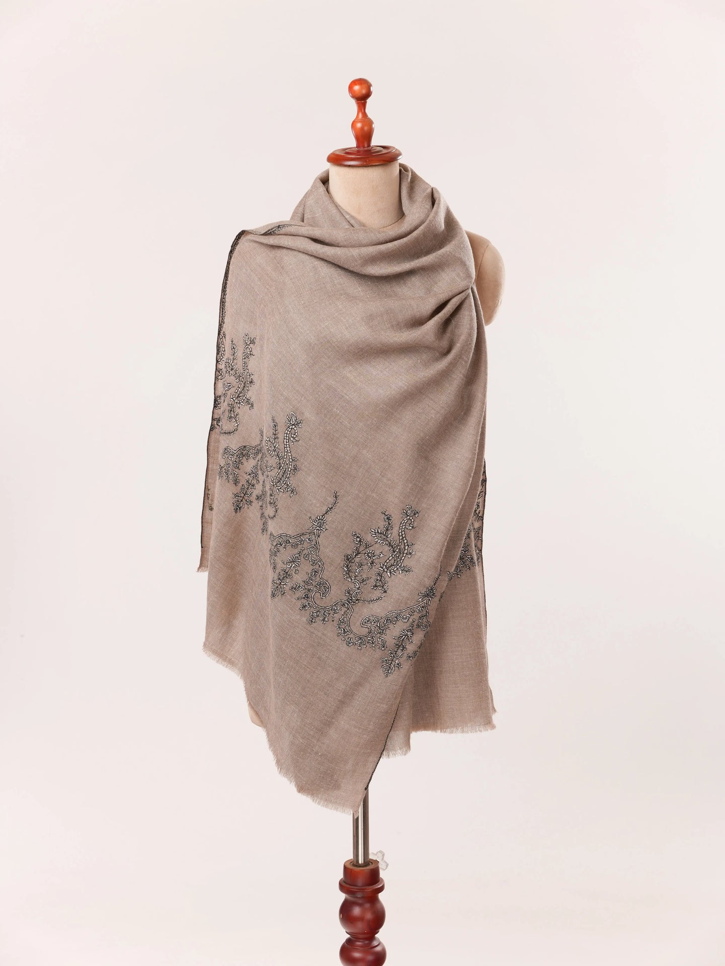 Natural Dark Taupe Kashmiri Cashmere Scarf with Palldar Sozni Embroidery Shahkaar.com