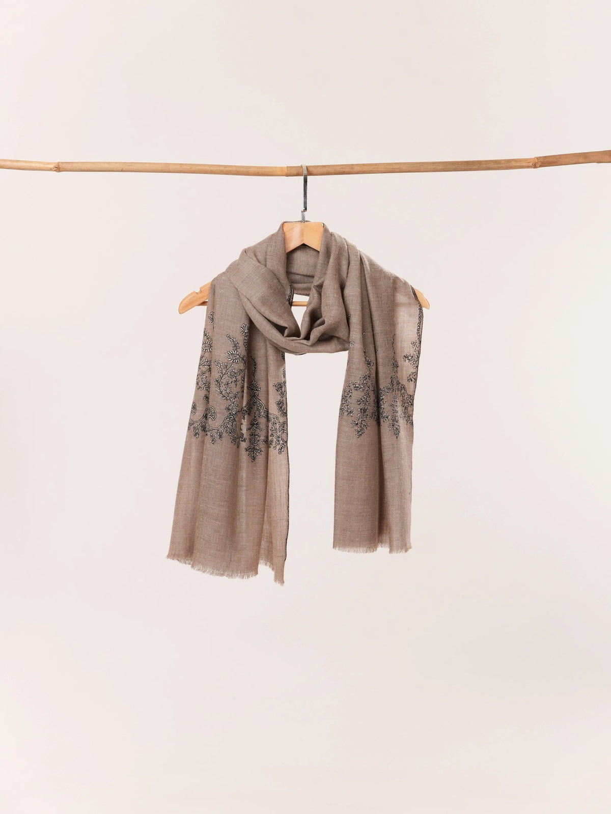 Natural Dark Taupe Kashmiri Cashmere Scarf with Palldar Sozni Embroidery Shahkaar.com