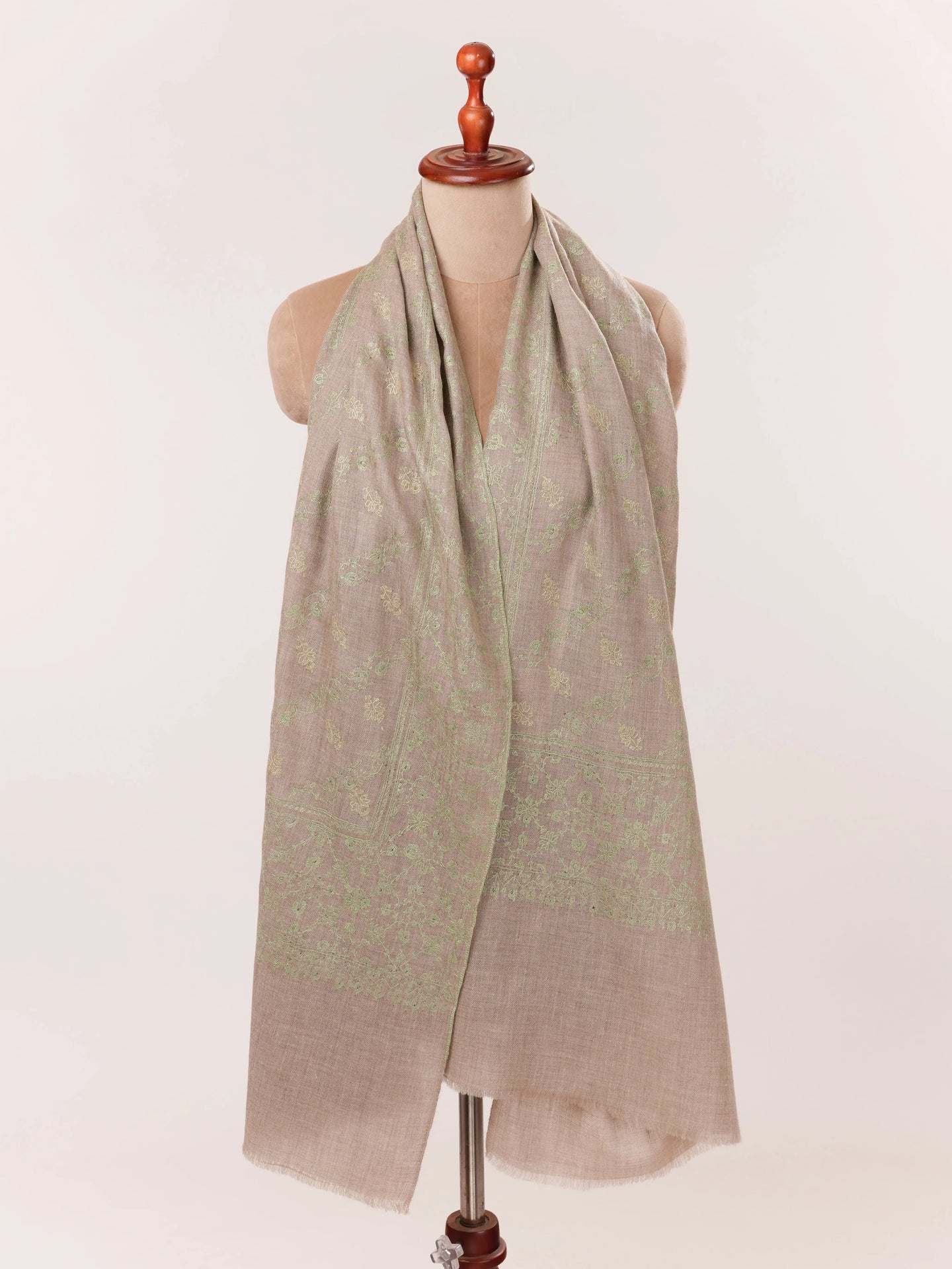 Natural Taupe Cashmere Scarf with Green Hand Embroidery Shahkaar.com