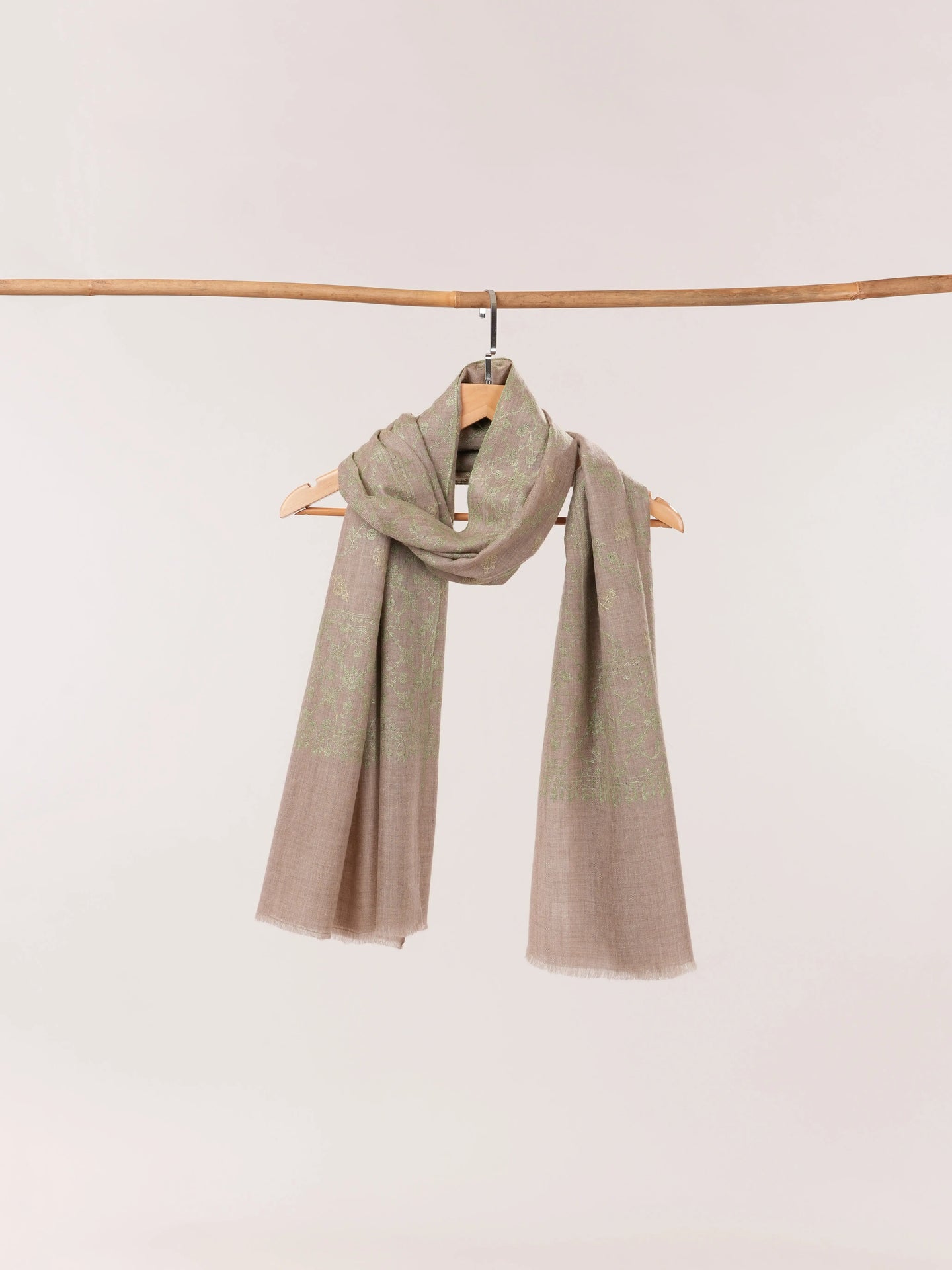 Natural Taupe Cashmere Scarf with Green Hand Embroidery Shahkaar.com