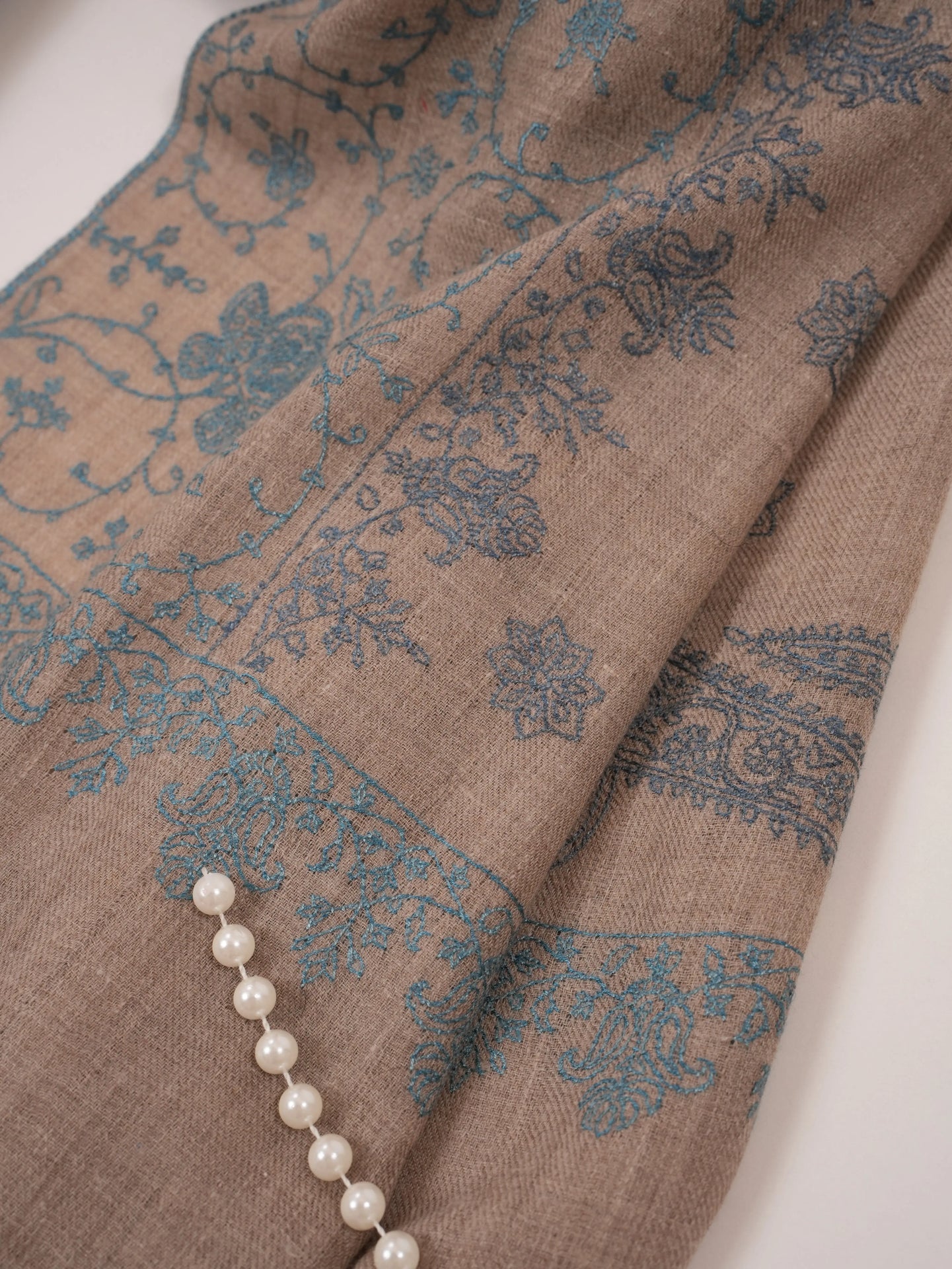 Natural Taupe Handwoven Cashmere Scarf with All over Hand Embroidery Shahkaar.com