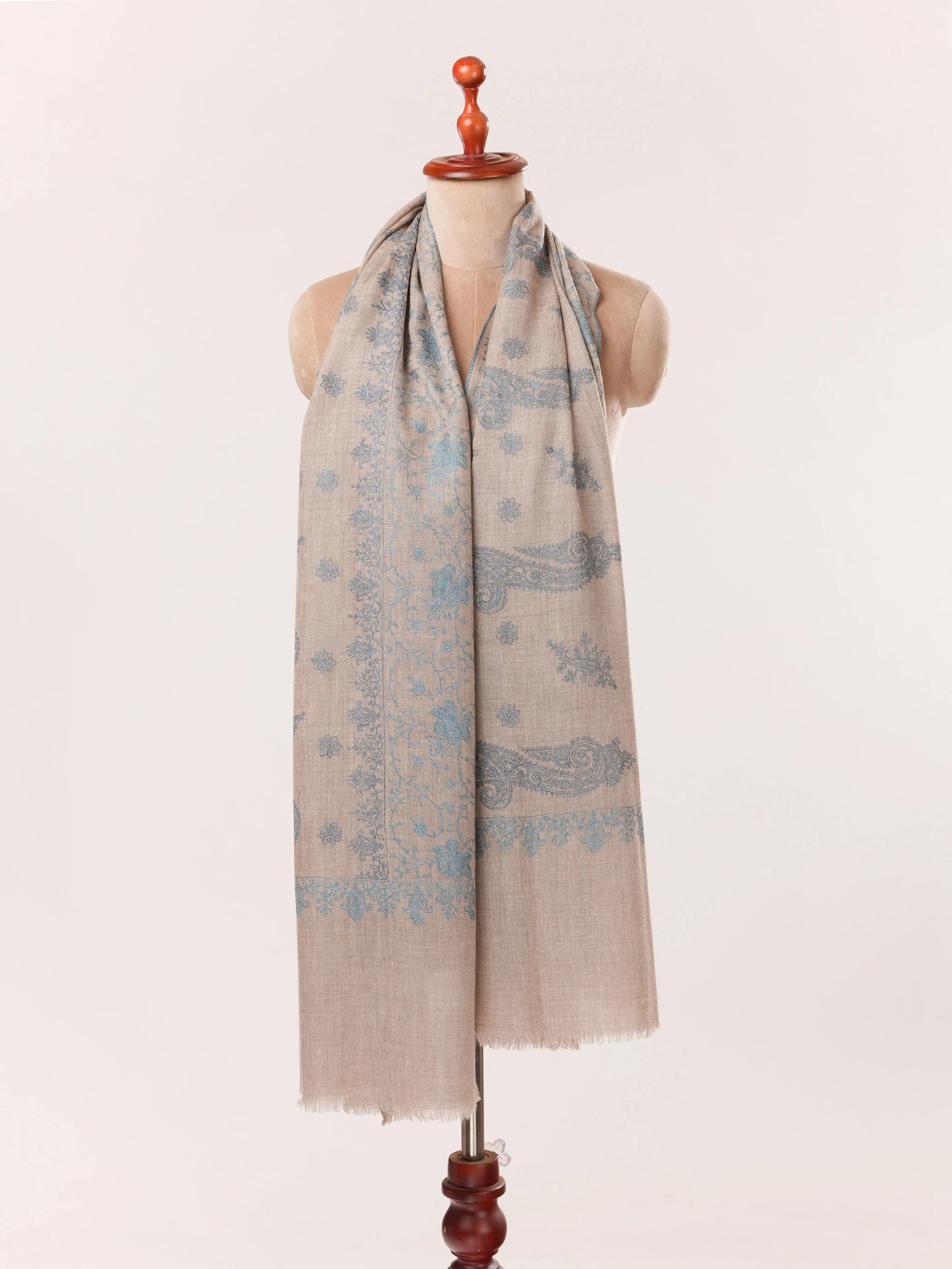 Natural Taupe Handwoven Cashmere Scarf with All over Hand Embroidery Shahkaar.com