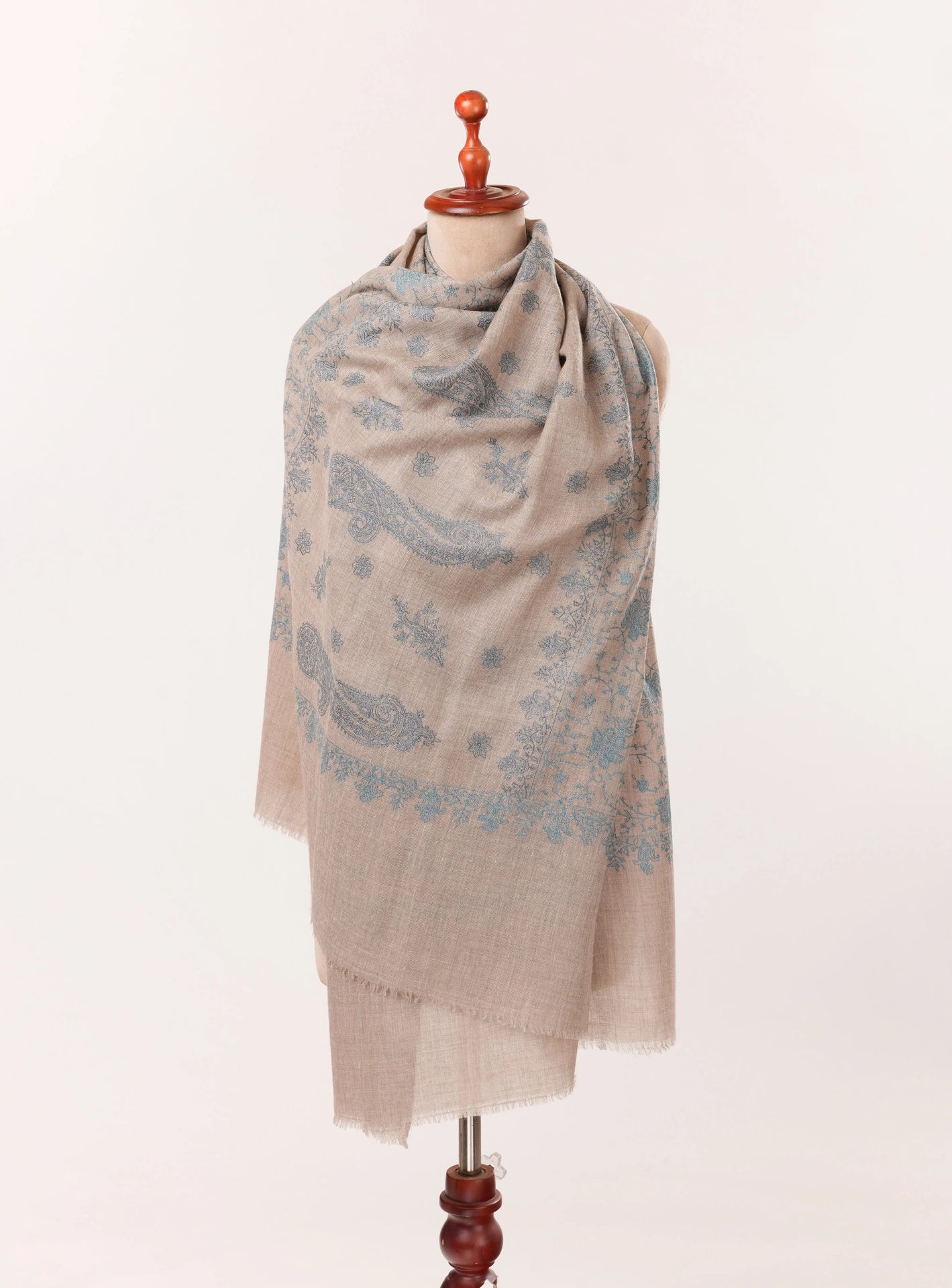 Natural Taupe Handwoven Cashmere Scarf with All over Hand Embroidery Shahkaar.com