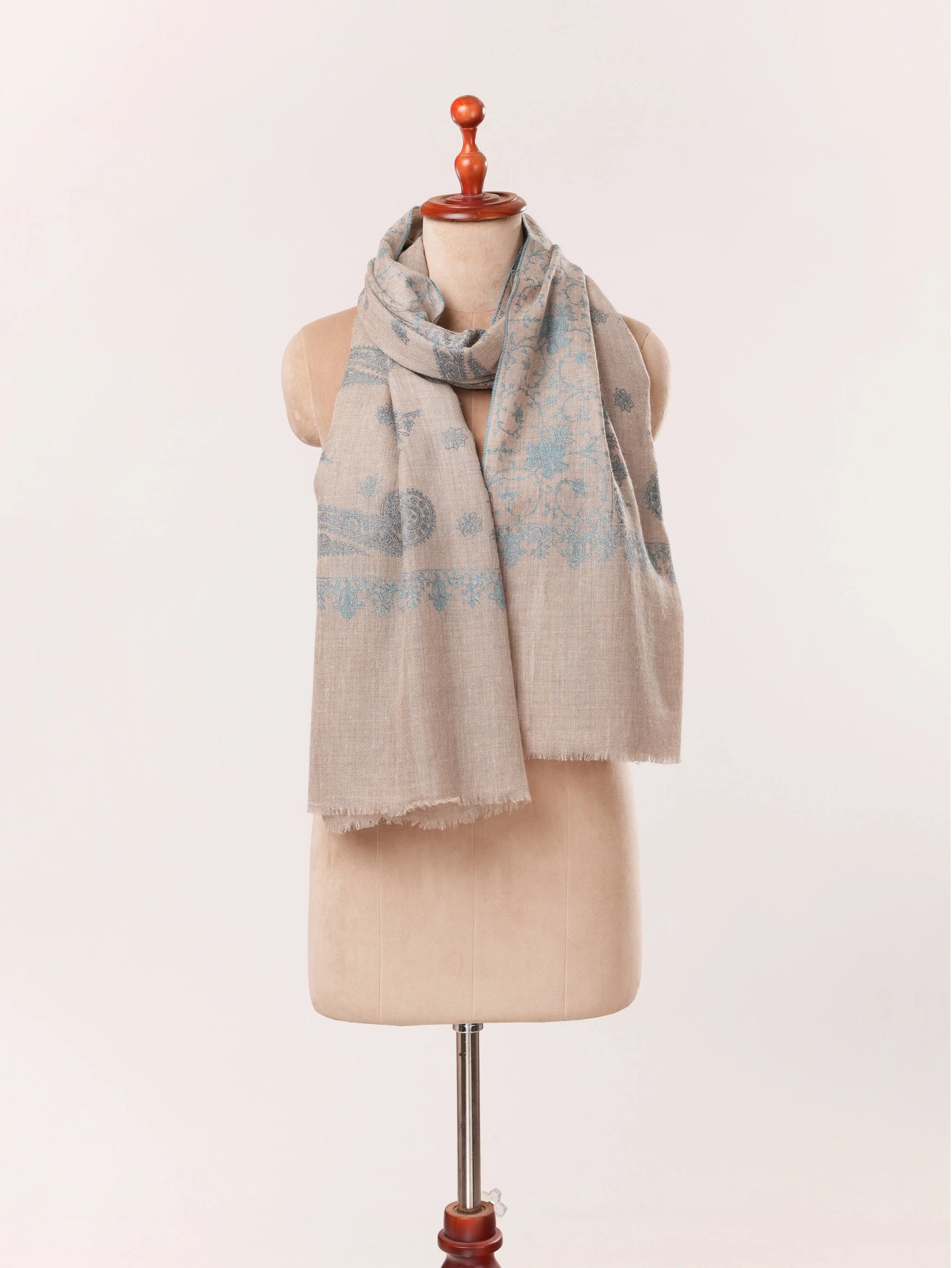 Natural Taupe Handwoven Cashmere Scarf with All over Hand Embroidery Shahkaar.com
