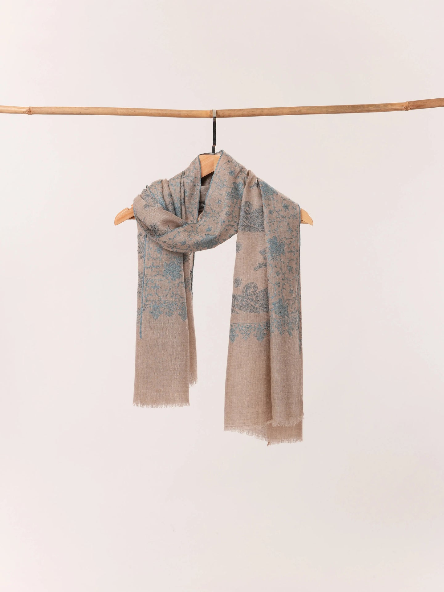 Natural Taupe Handwoven Cashmere Scarf with All over Hand Embroidery Shahkaar.com