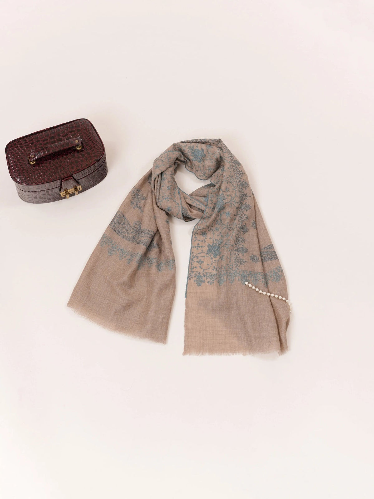 Natural Taupe Handwoven Cashmere Scarf with All over Hand Embroidery Shahkaar.com