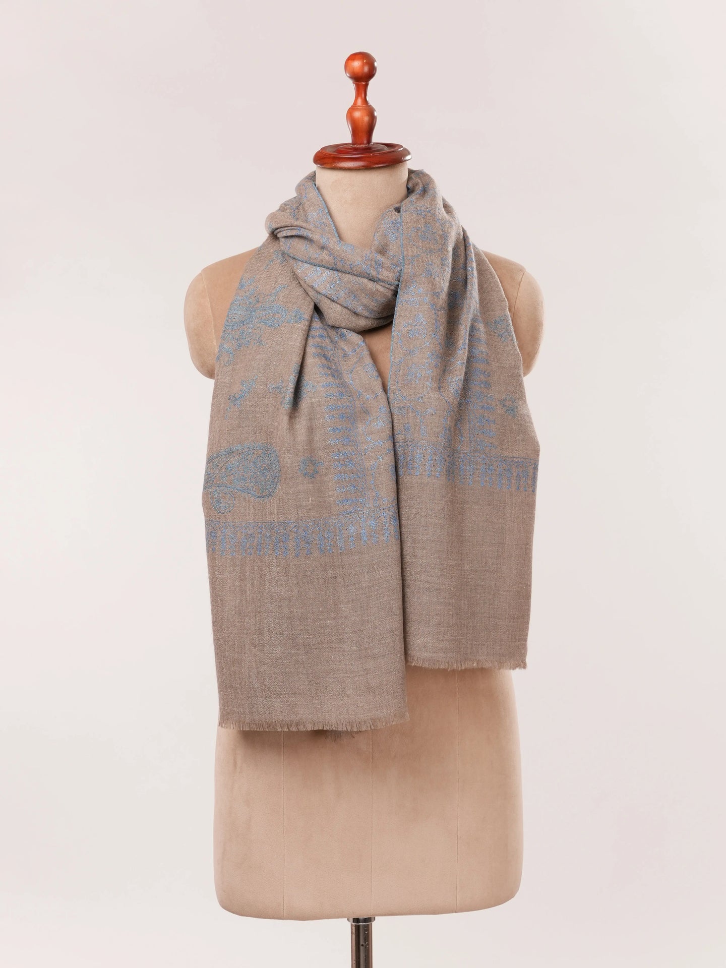 Natural Taupe Cashmere Scarf with Blue Jali Hand Embroidery Shahkaar.com