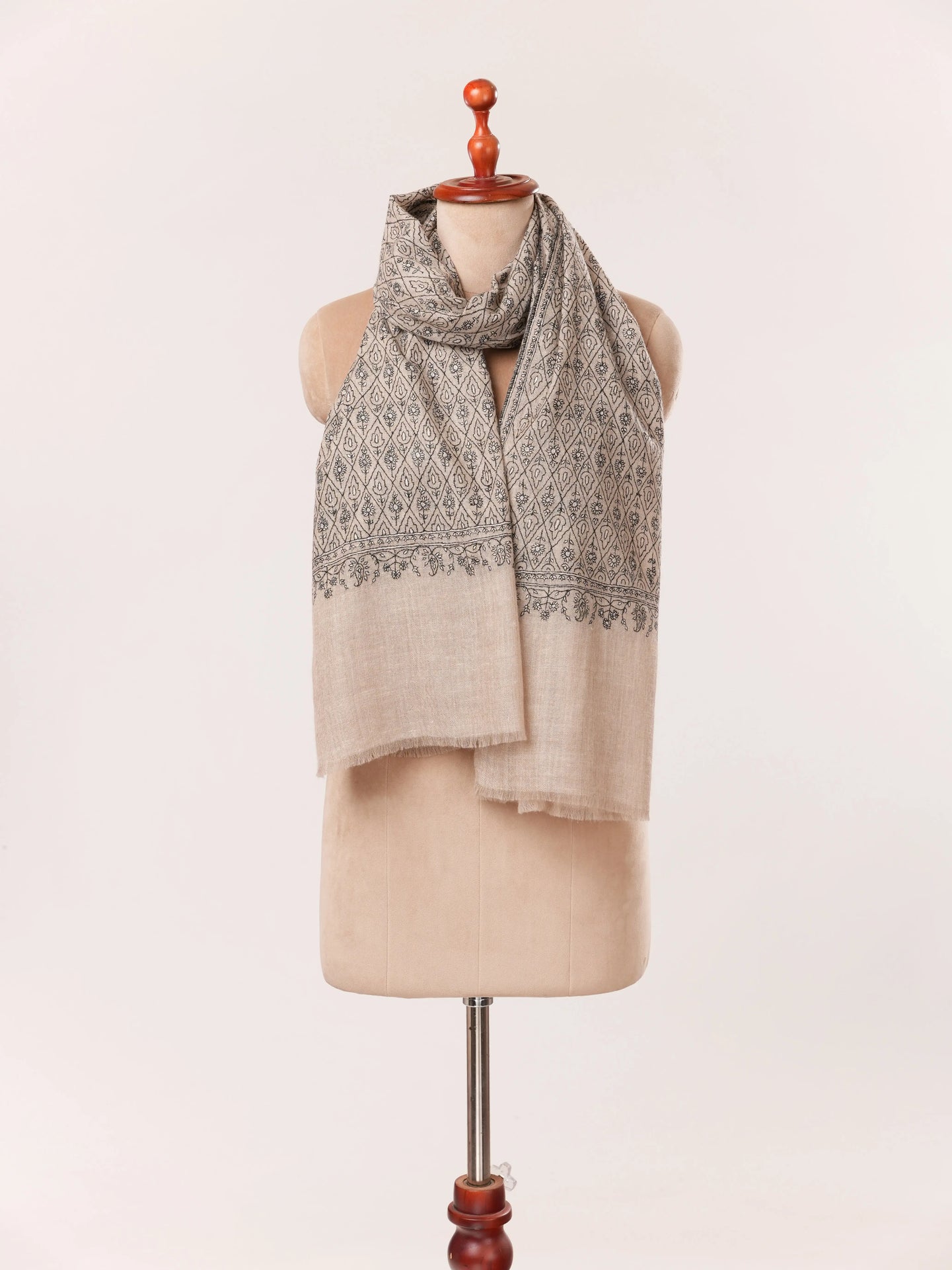 Handwoven Kashmiri Natural Taupe Scarf with Paisley Buteh Sozni Embroidery Shahkaar.com