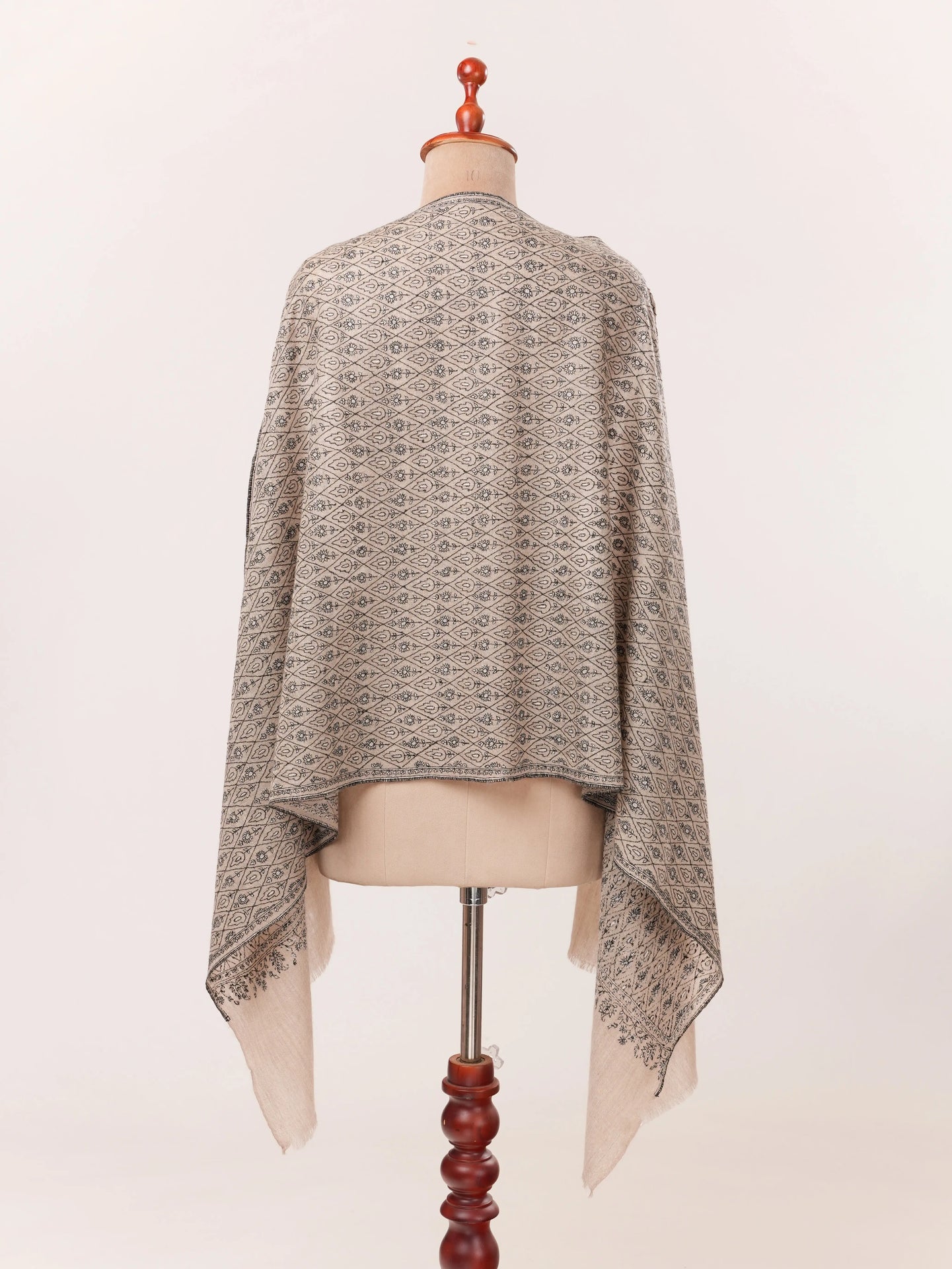 Handwoven Kashmiri Natural Taupe Scarf with Paisley Buteh Sozni Embroidery Shahkaar.com
