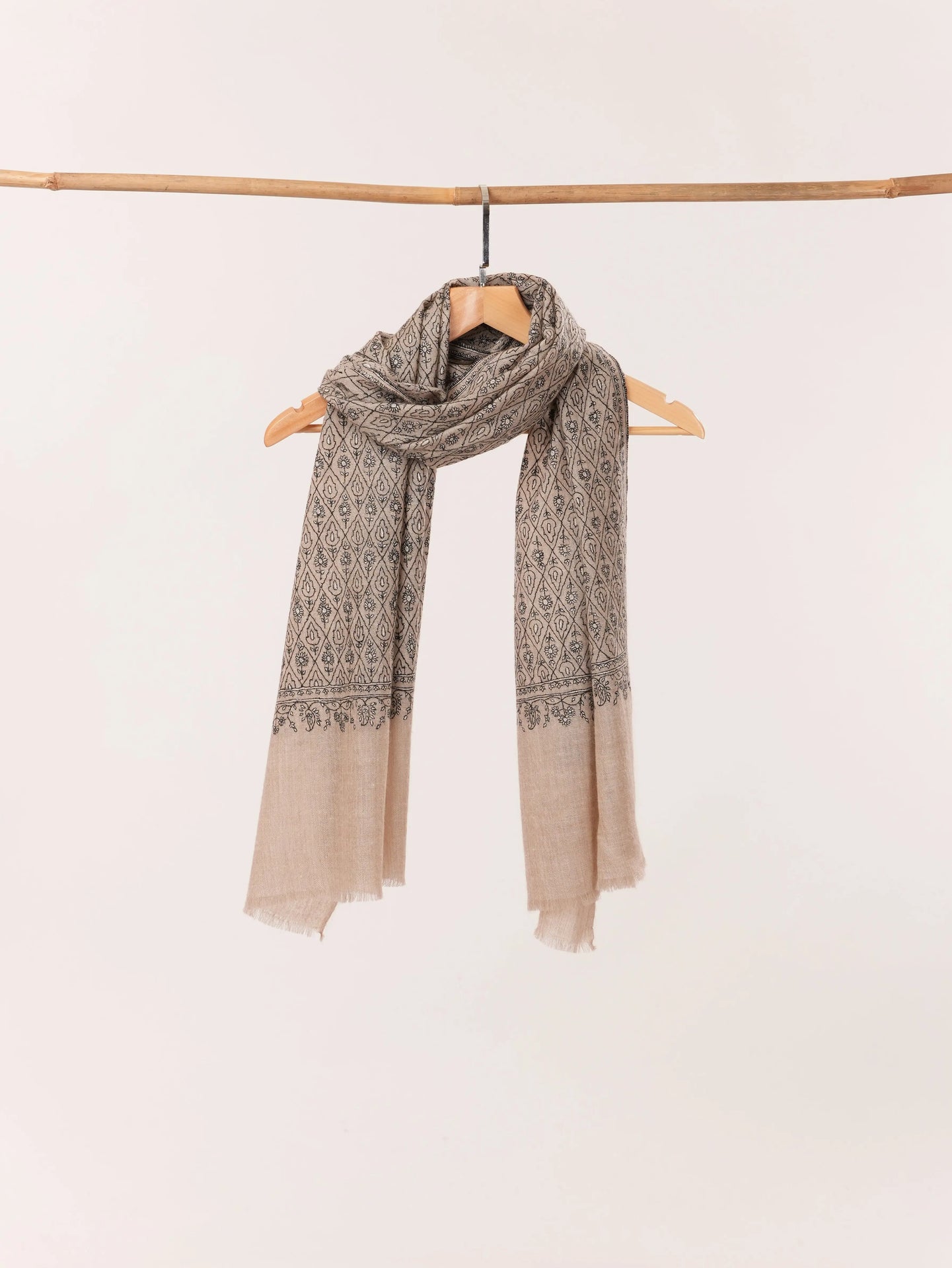 Handwoven Kashmiri Natural Taupe Scarf with Paisley Buteh Sozni Embroidery Shahkaar.com