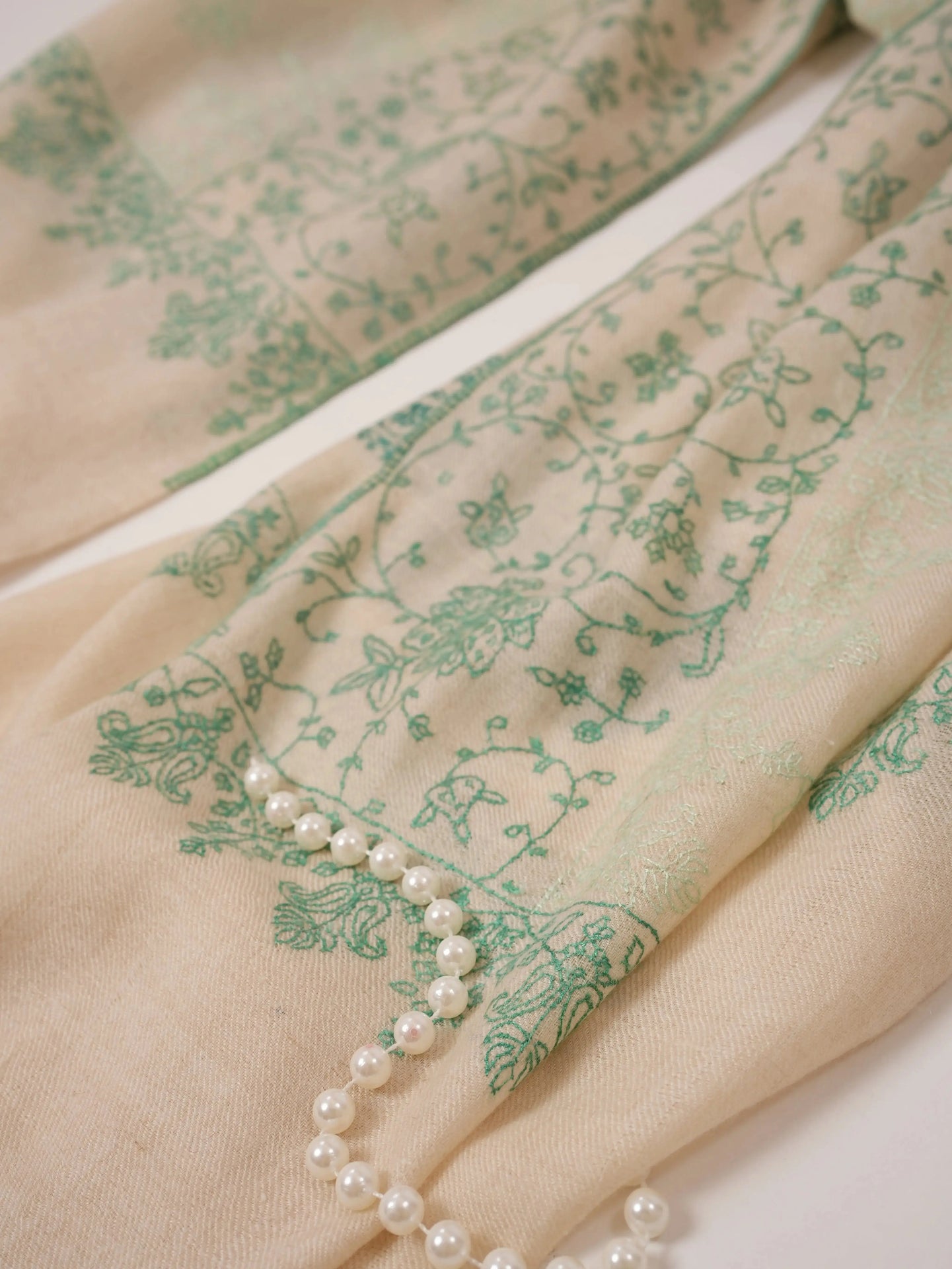 Natural Off White Cashmere Scarf with Green Hand Embroidery Shahkaar.com