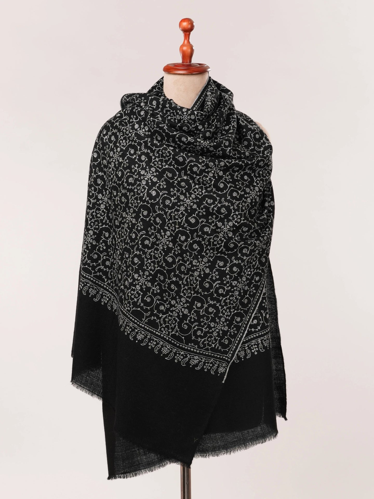 Black Handwoven Cashmere Scarf with All-Over Jali Embroidery Shahkaar.com