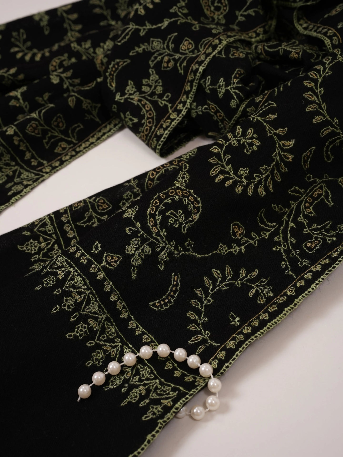 Black Cashmere Scarf with Hand Needlework Jali Embroidery Shahkaar.com
