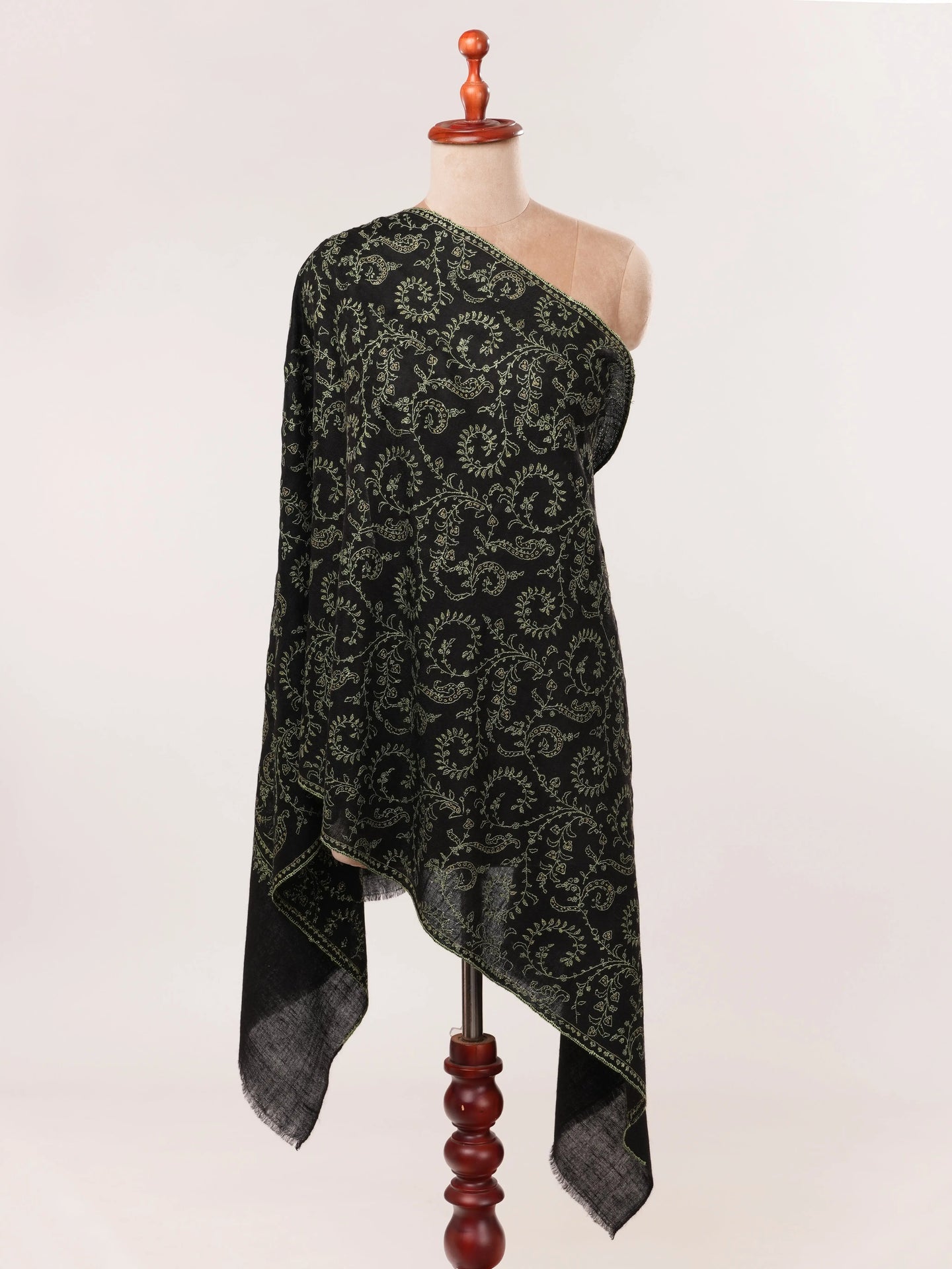 Black Cashmere Scarf with Hand Needlework Jali Embroidery Shahkaar.com