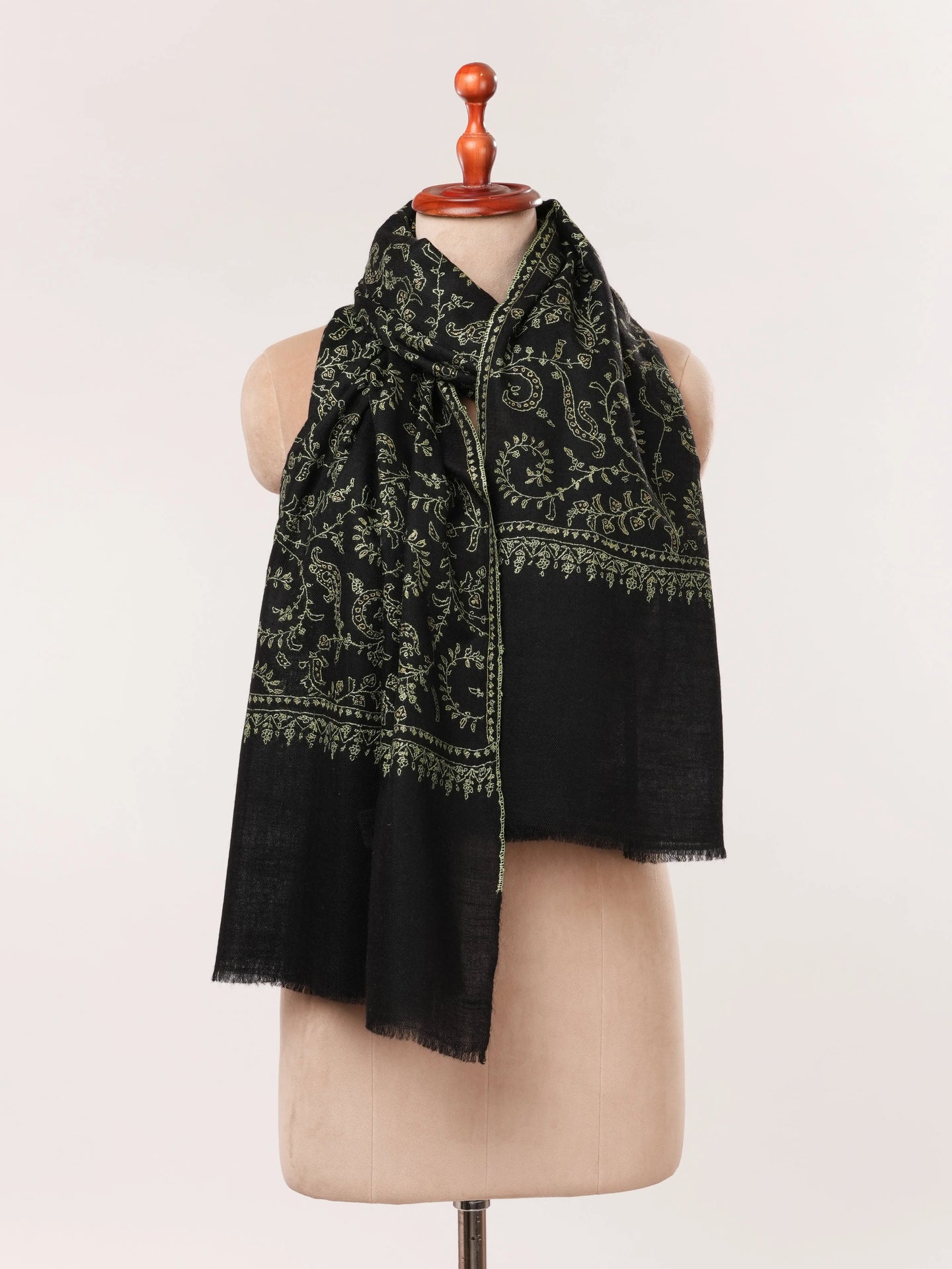 Black Cashmere Scarf with Hand Needlework Jali Embroidery Shahkaar.com