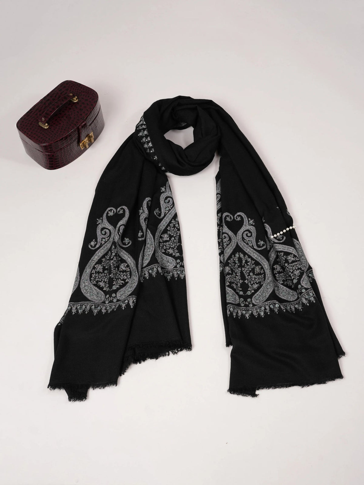Black Oversized Handwoven Pashmina Shawl with Palldar Hand Embroidery