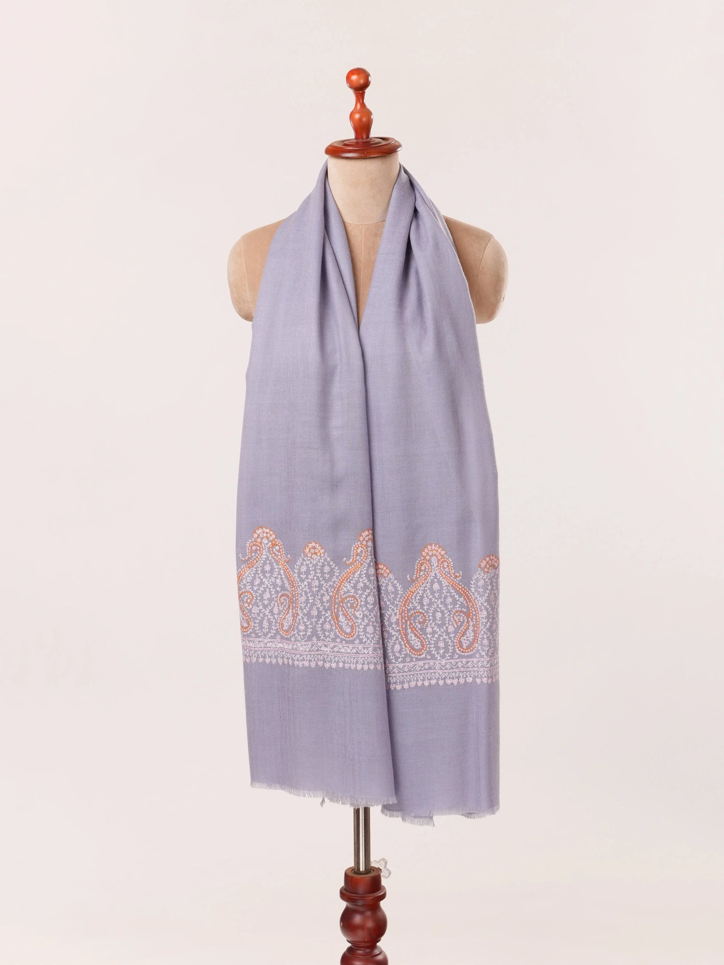 Baby Blue Cashmere Handwoven Scarf with Kashmiri Sozni Palldar Embroidery Shahkaar.com