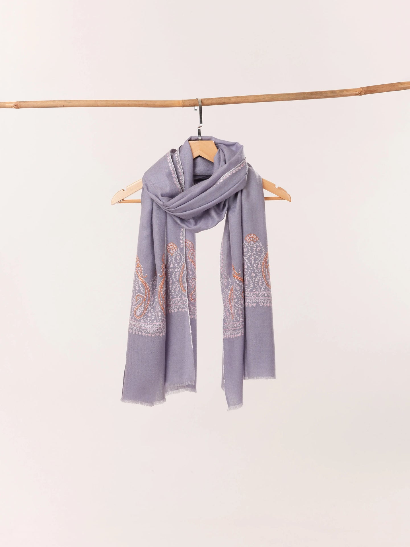 Baby Blue Cashmere Handwoven Scarf with Kashmiri Sozni Palldar Embroidery Shahkaar.com