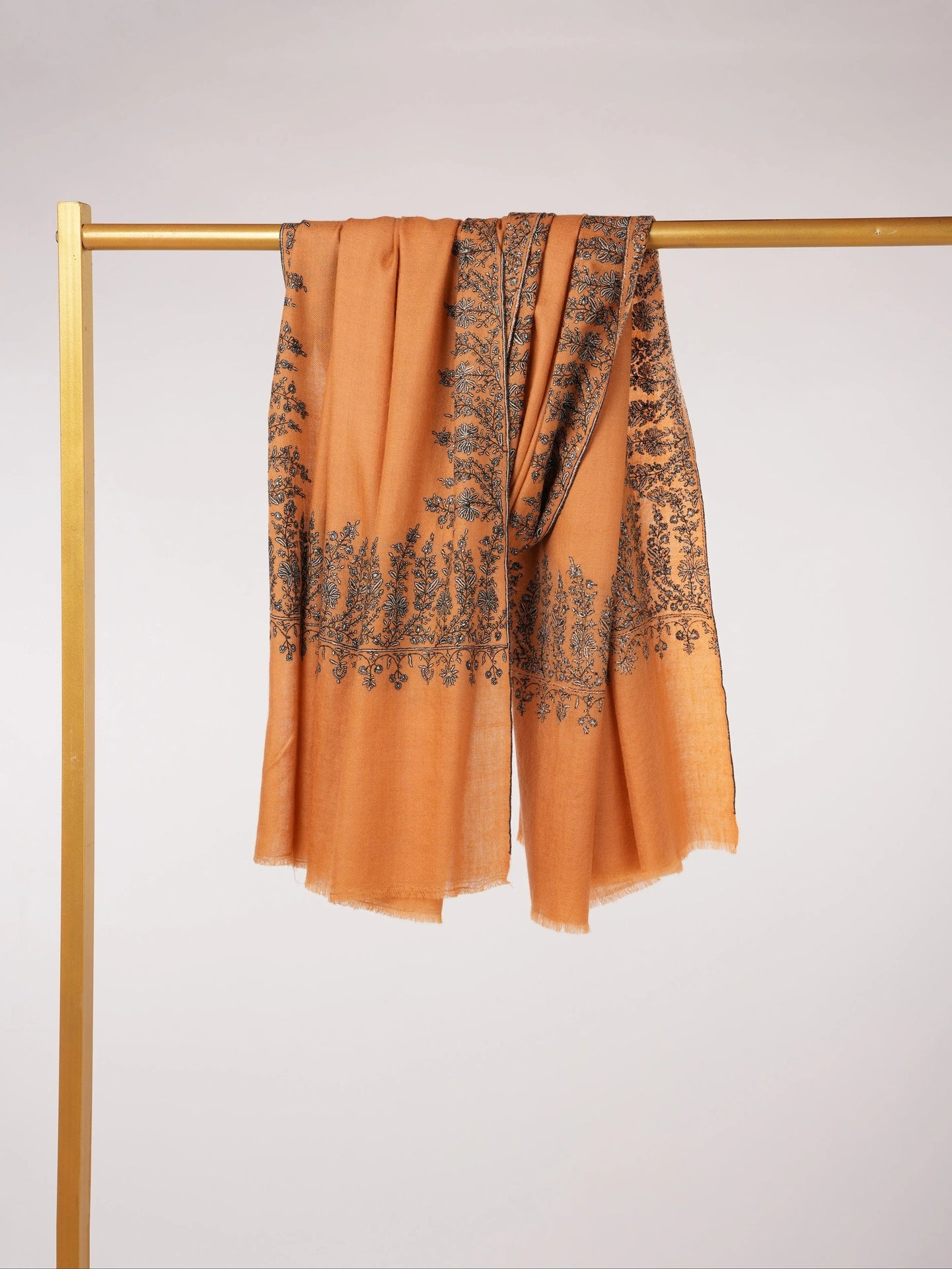 Kashmiri Shawl with Daurdar Hand Sozni Embroidery on Handwoven Burnt Orange Pashmina Shahkaar.com
